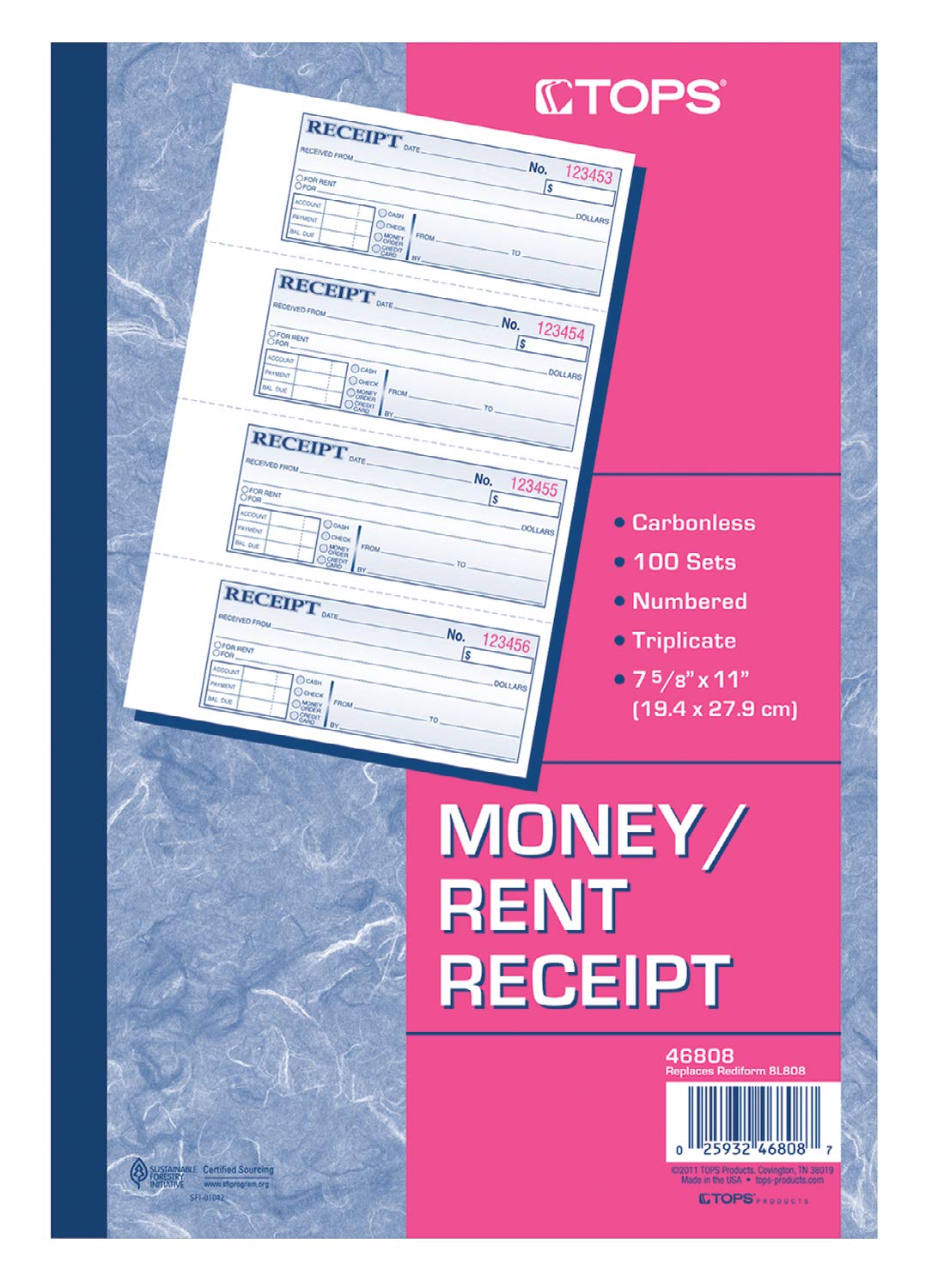 Tops Geld/Rent Receipt Buch, 3-teilig, selbstdurchschreibend, 11 x 7–5/20,3 cm, 4 Quittungen/Seite, 100 Sets pro Buch (46808)