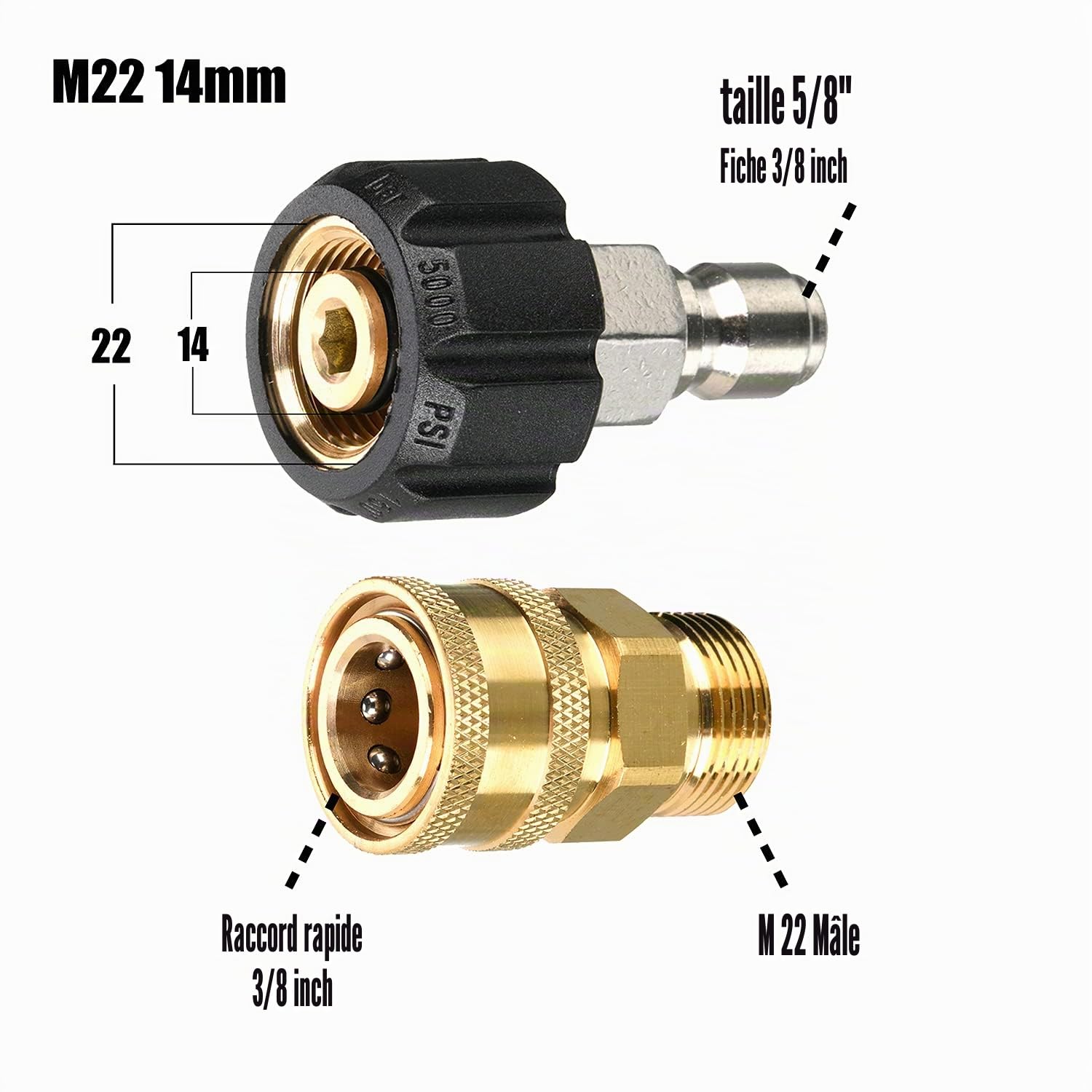 Tool Daily Kit d'Adaptateurs Haute Pression, Raccords Rapides, Lot de 9 | Raccord Rapide M22 14mm vers 3/8", Raccord Rapide 3/4" vers 1/2", Connecteur Mâle M22-14 pour Tuyau Nettoyeur Haute Pression