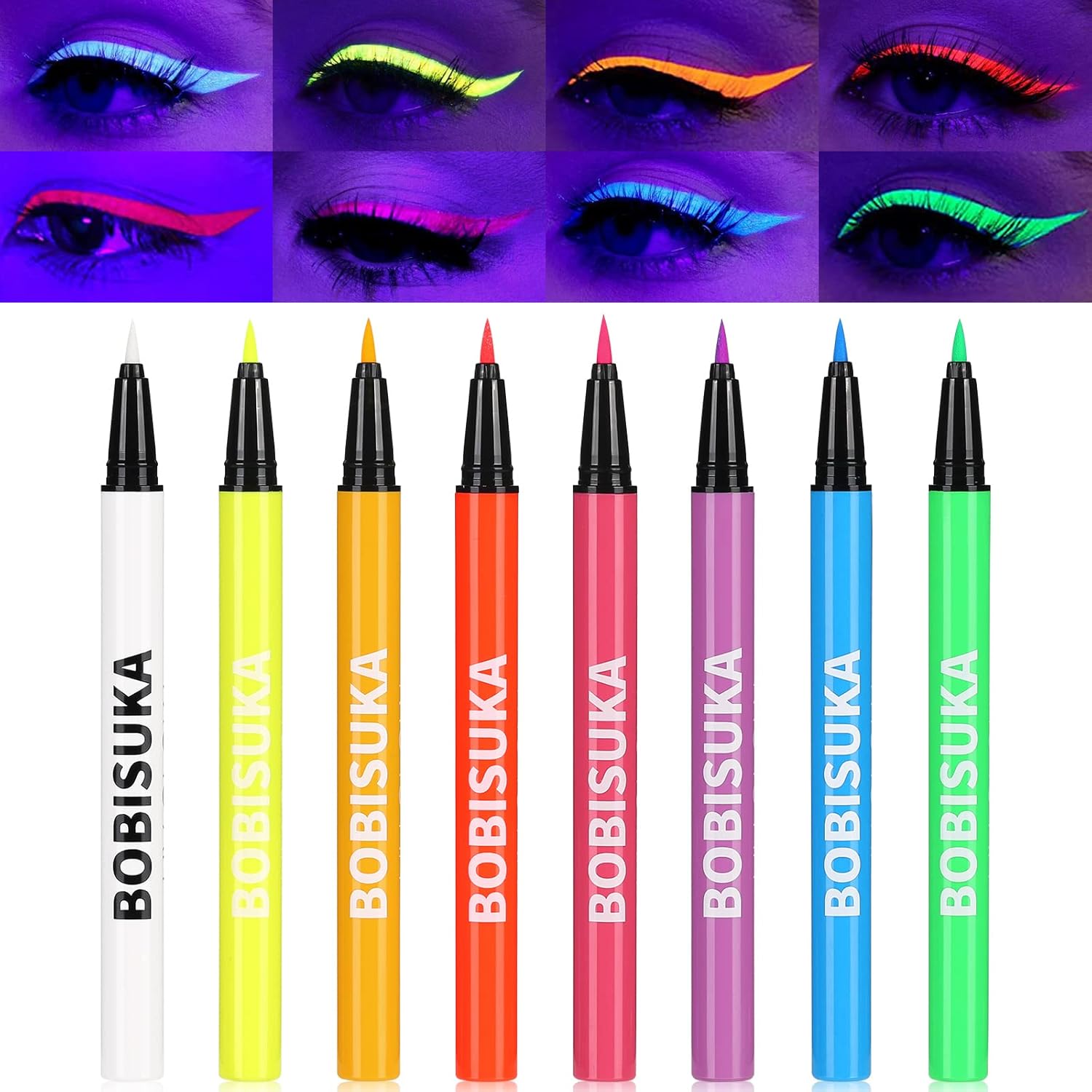 BOBISUKA Uv-eyeliner, set van 8 kleuren, watervast, matte vloeibare eyeliner, kleurrijk, gloeiende eyeliner, veegvast, langdurig, hoge kleurweergave en eenvoudig in gebruik
