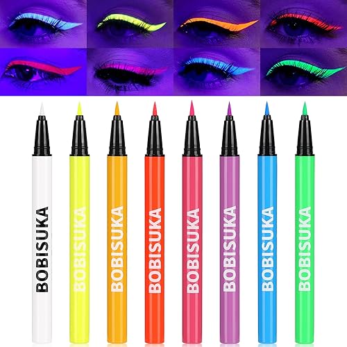 BOBISUKA Juego de delineador de ojos líquido neón con brillo UV de 8 colores, delineador de ojos de color mate, delineador de ojos colorido