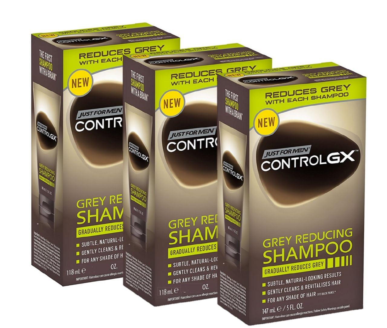 PROMOO Just For Men Control GX Grey Reducing Shampoo per capelli grigi, con olio di cocco e aloe vera, nuova formula migliorata, tutte le tonalità, 118 ml, confezione da 3