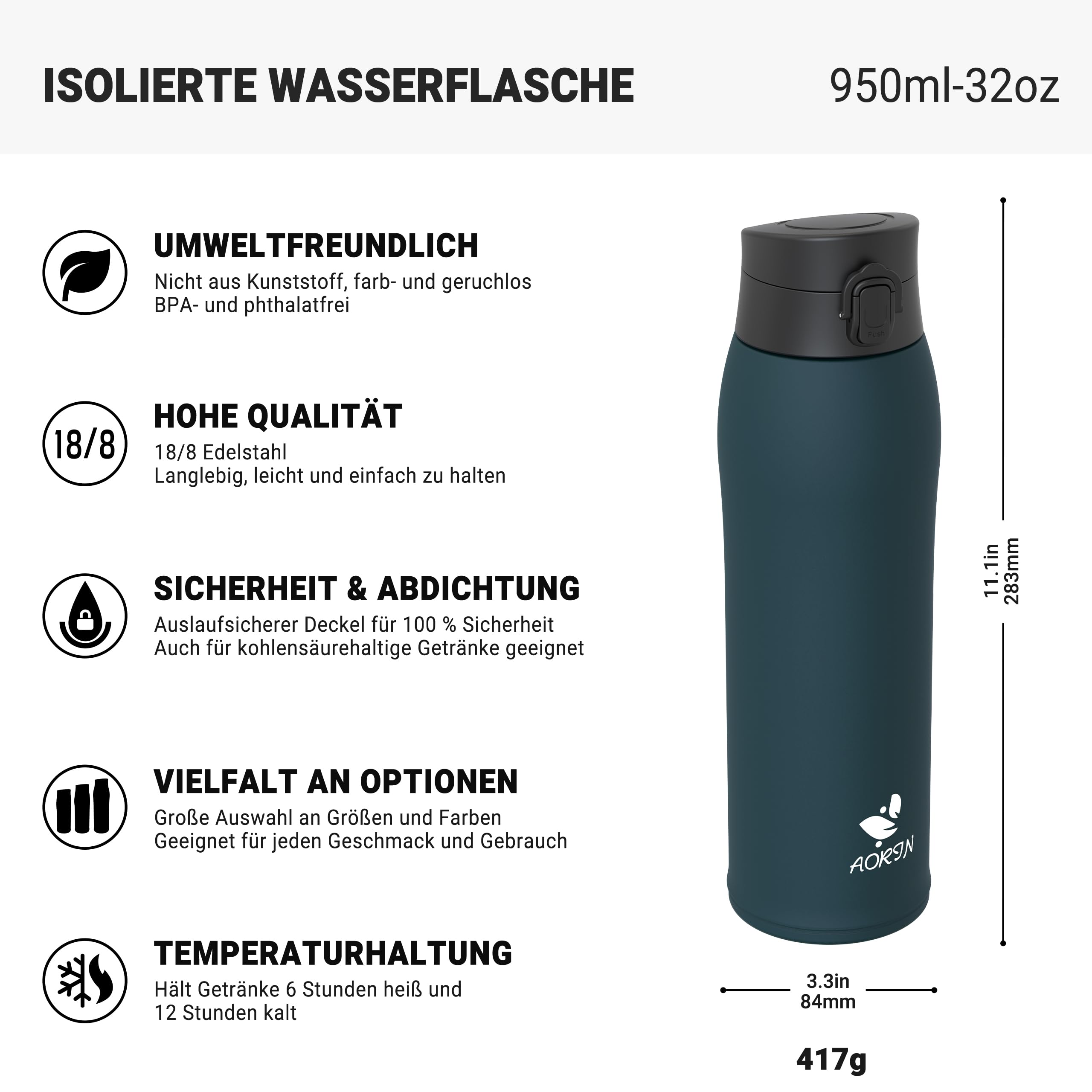 AORIN Trinkflasche Edelstahl 18/8, 950ml, Auslaufsicher Thermoskanne Isolierflasche Doppelwandig mit 2 Deckel, BPA-Frei Sportflasche, Trinkflaschen für Sport, Schule, Outdoor