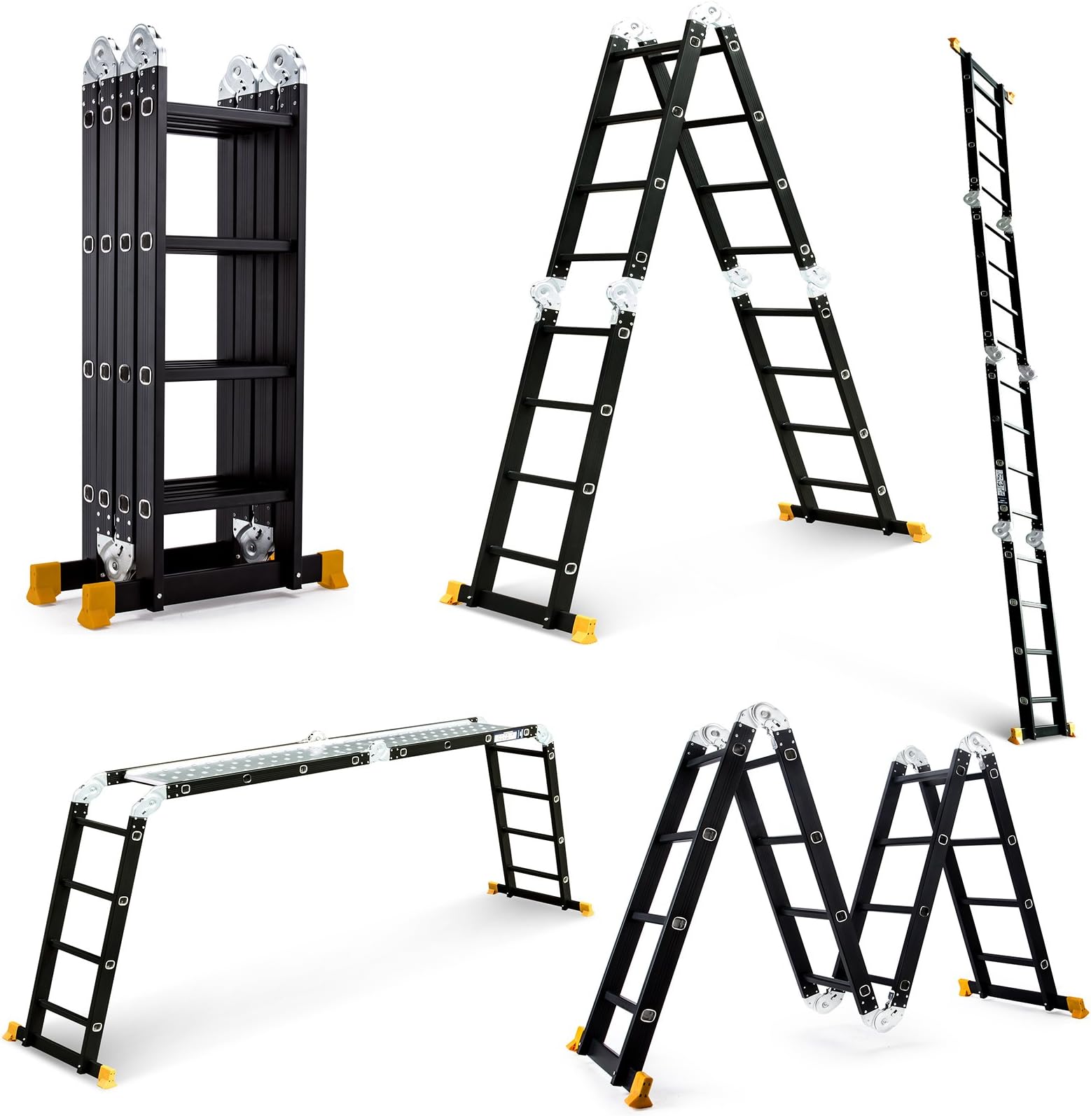 15.5ft Aluminum Multi Purpose Step Ladder Folding Telescoping Extension Ladder Scaffold Ladders with 2 Platform Plates- Mat Finish Black Color