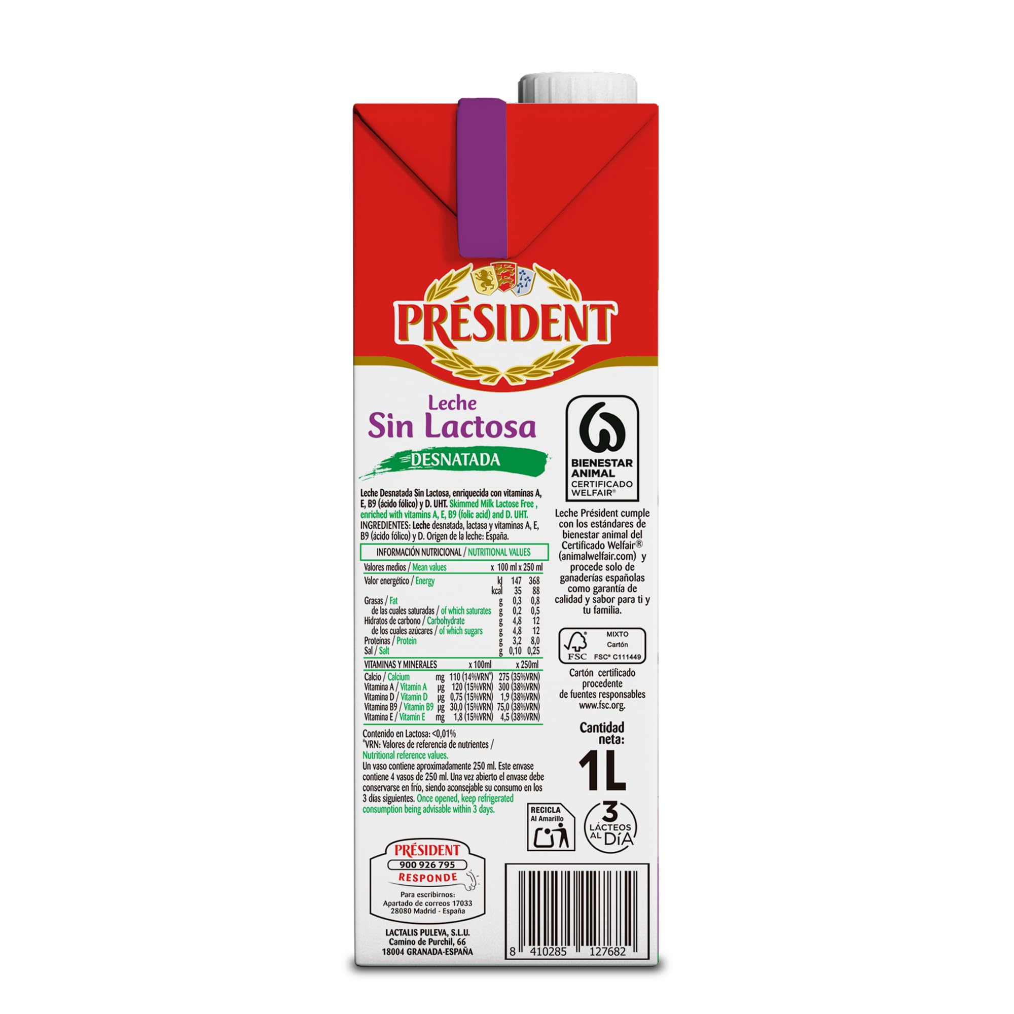 Président Leche Desnatada Sin Lactosa UHT Galicia Pack 6 x 1 L