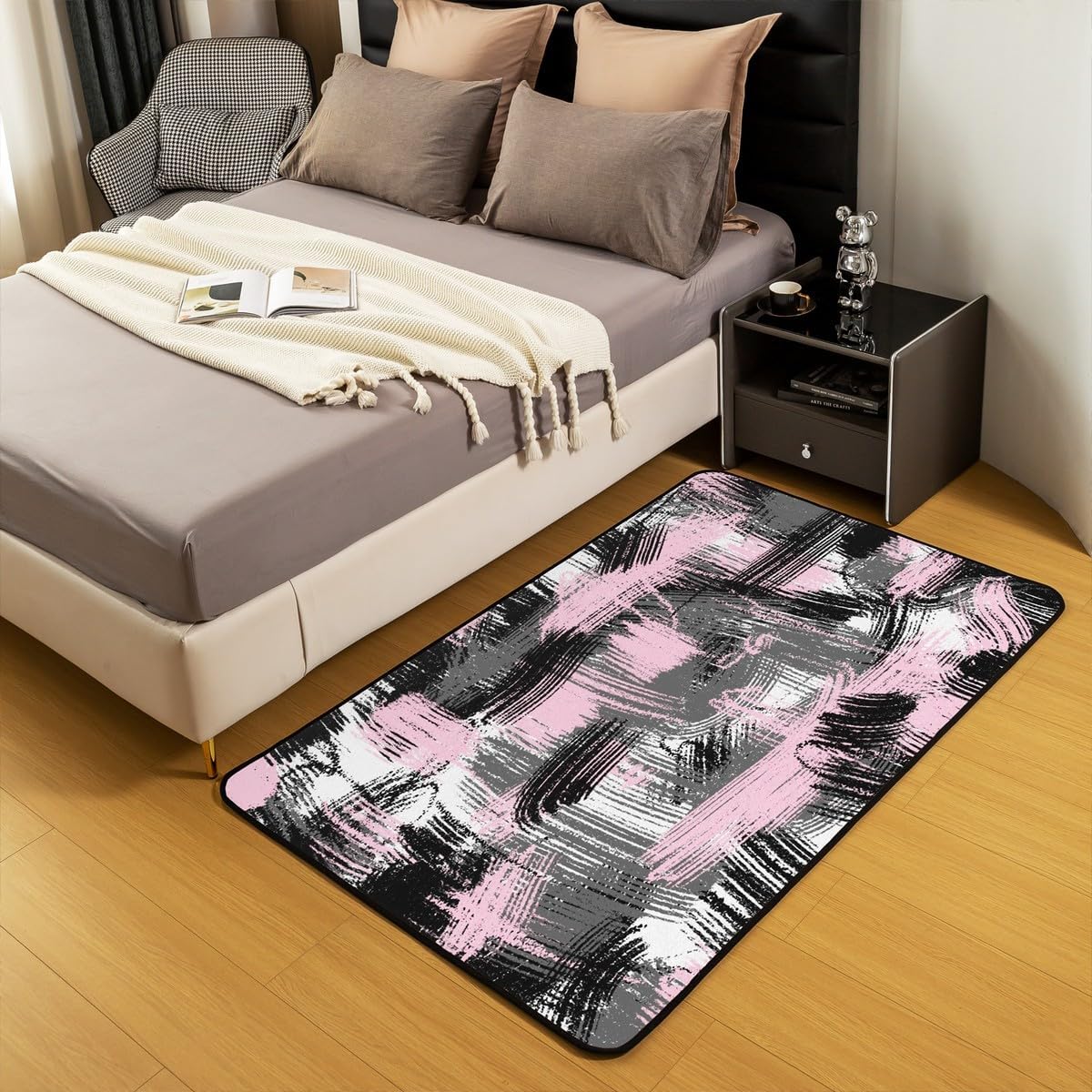 jejeloiu Pink Black and Grey Kids Living Room Rugs for Bedroom Area Rug 5x7 Abstract Art Living Room Rugs for Bedroom Stripes Decorative Rug Accent Rug