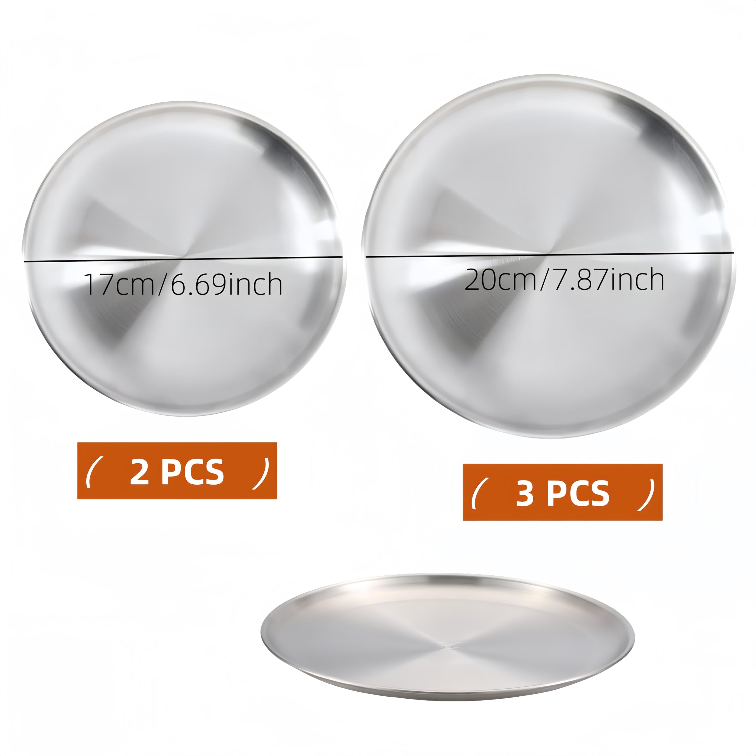 5 Stoviglie Rotonde in Acciaio Inox da Campeggio, Diametro 20 cm × 3/17 cm × 2