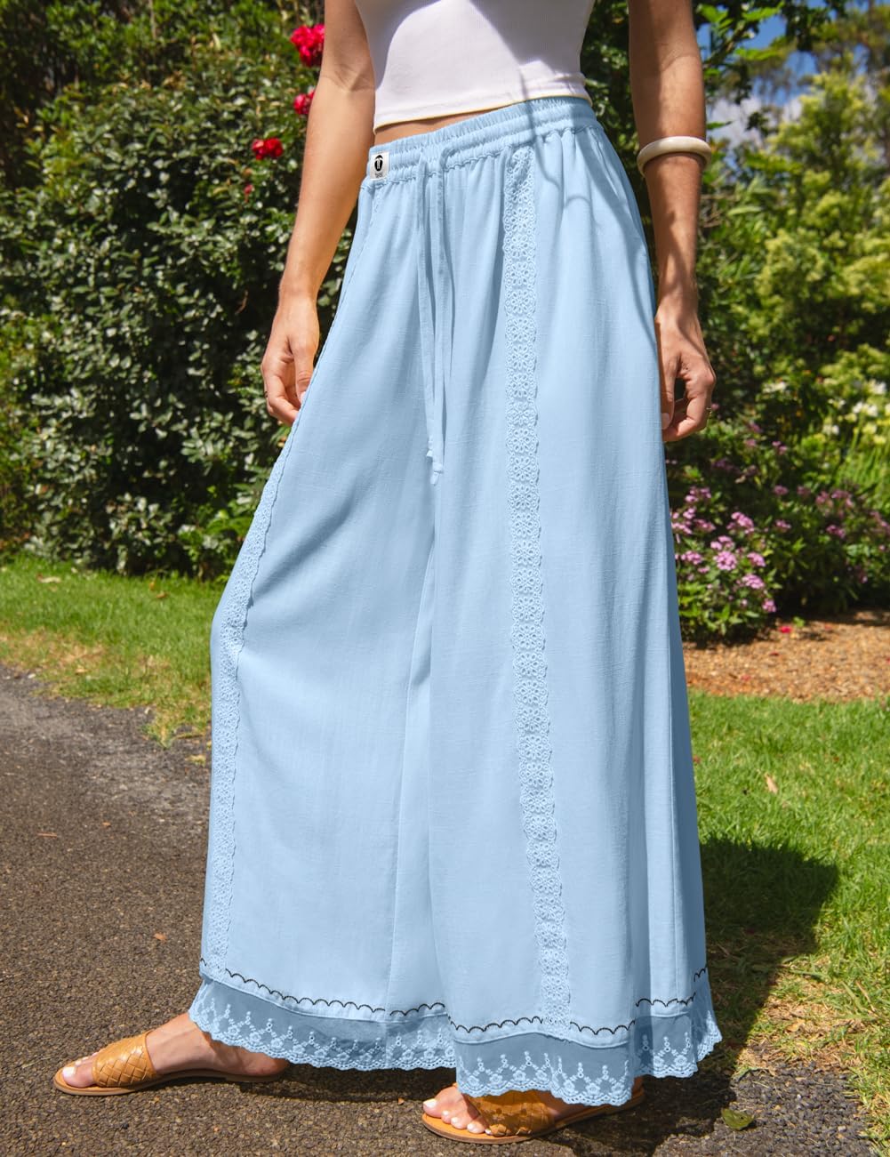 TARSE Womens Linen Wide Leg Pants Loose Boho Lounge Beach Vacation Flowy Lace Summer Pants with Pocket - Image 5