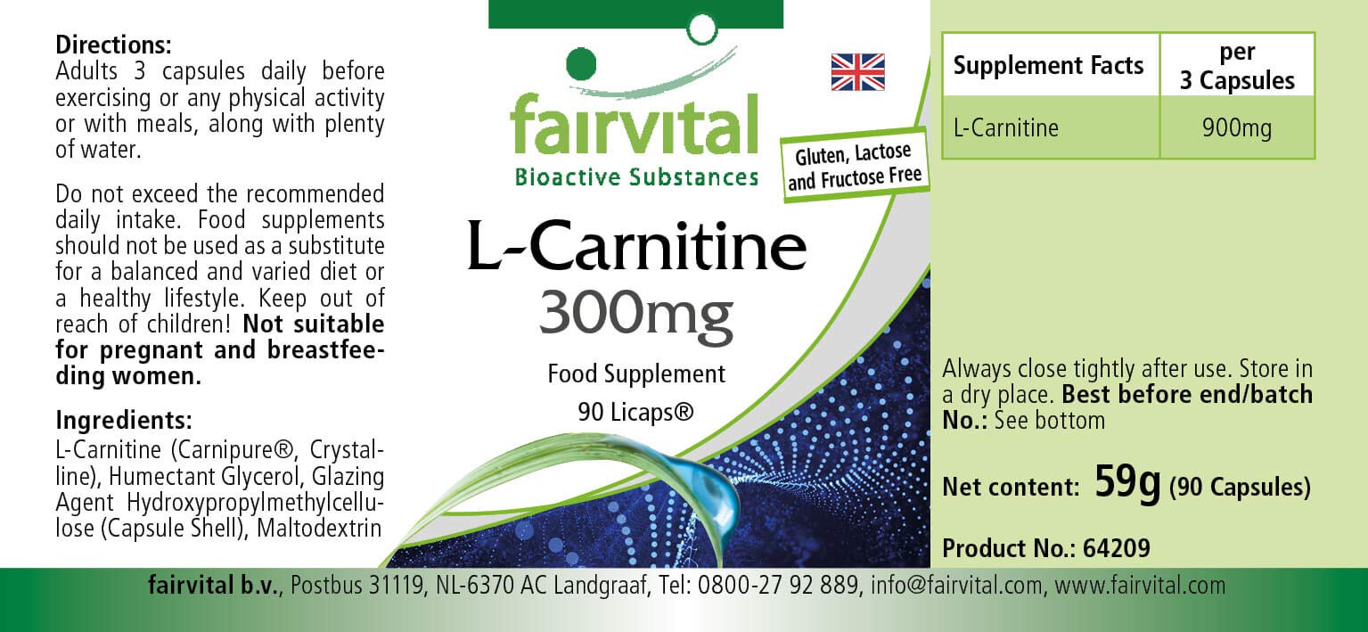 fairvital L-Carnitina Capsule 300 mg, 90 LiCaps®, facili da deglutire, ALTO DOSAGGIO, VEGANE