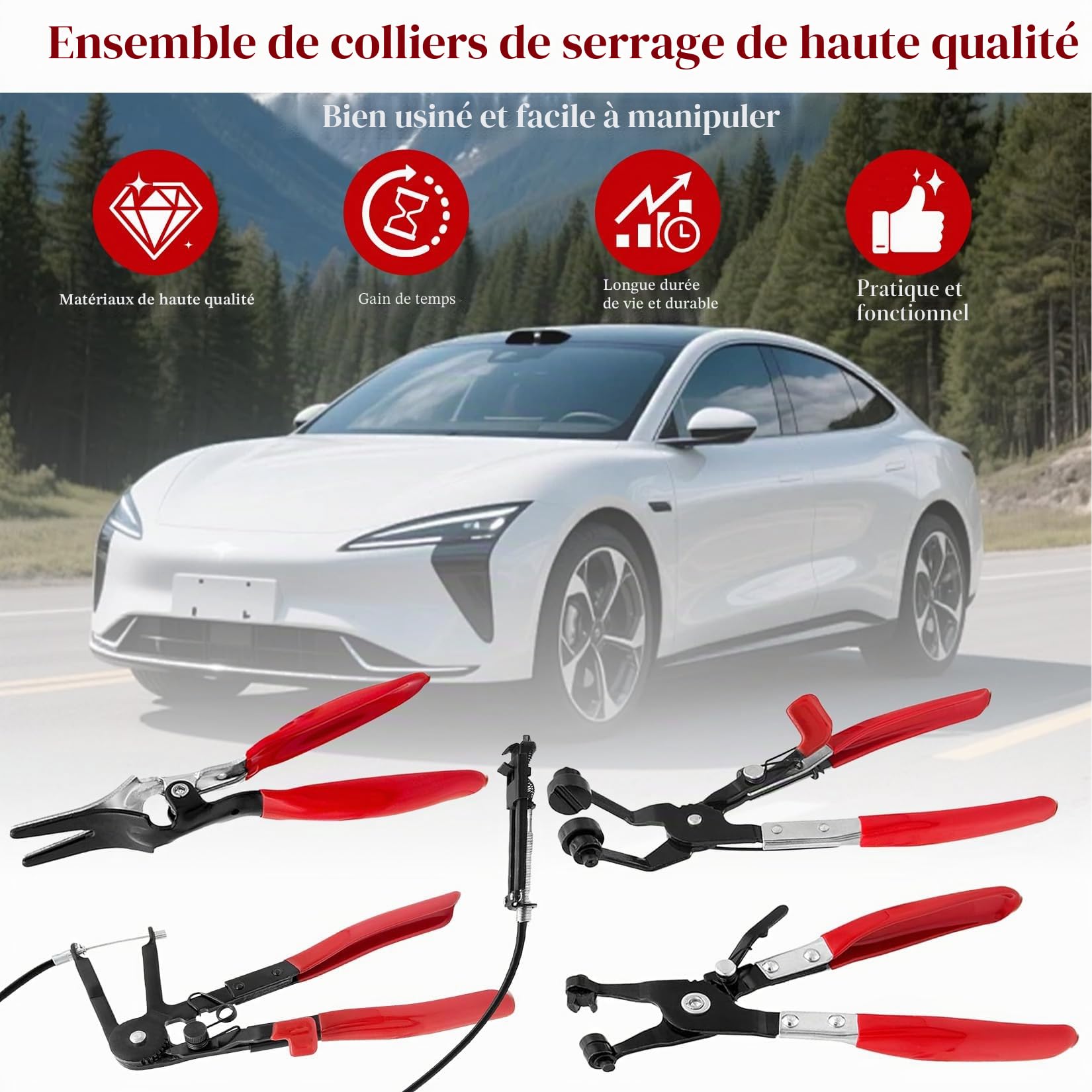 Herbst Lot de 4 pinces à colliers de serrage avec col droit pour l'entretien du véhicule