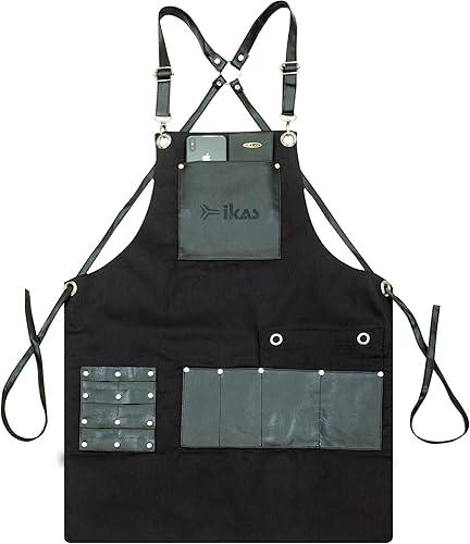 ikAS Delantal de herramientas para hombre  Delantal de trabajo negro para hombre  espalda cruzada ajustable  Delantal cruzado de lona de algodón con