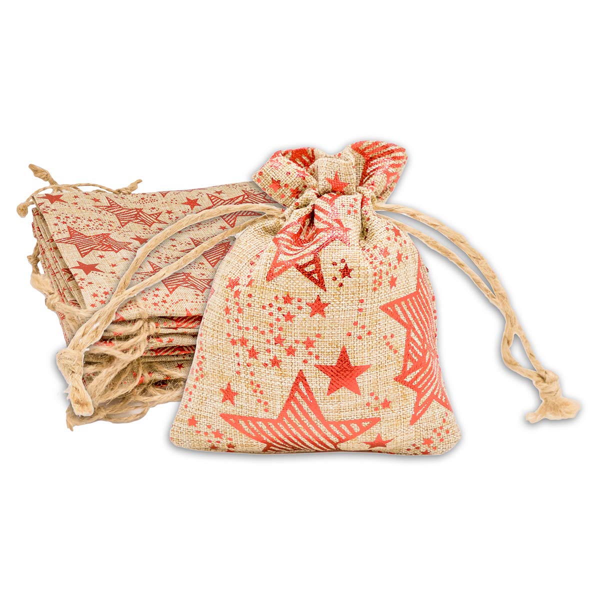 48-Pack 3x4 Jute Burlap Canvas Reusable Gift Bags w. Drawstrings (Red Stars, X-Small) - for Presents, Party Favors, Retail, Samples by TheDisplayGuys