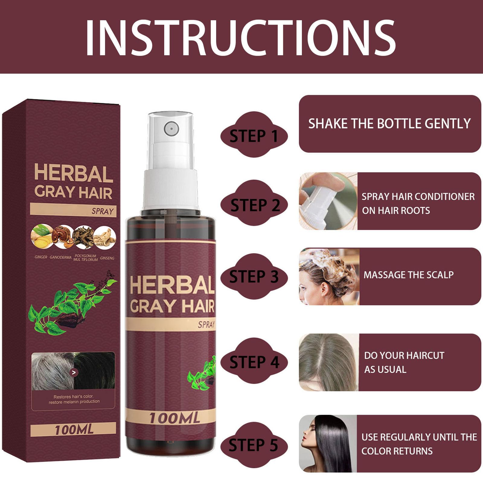 Herbal Gray Hair Spray, Hair Darkening Conditioner, Herbal Darkening Spray (2pcs)