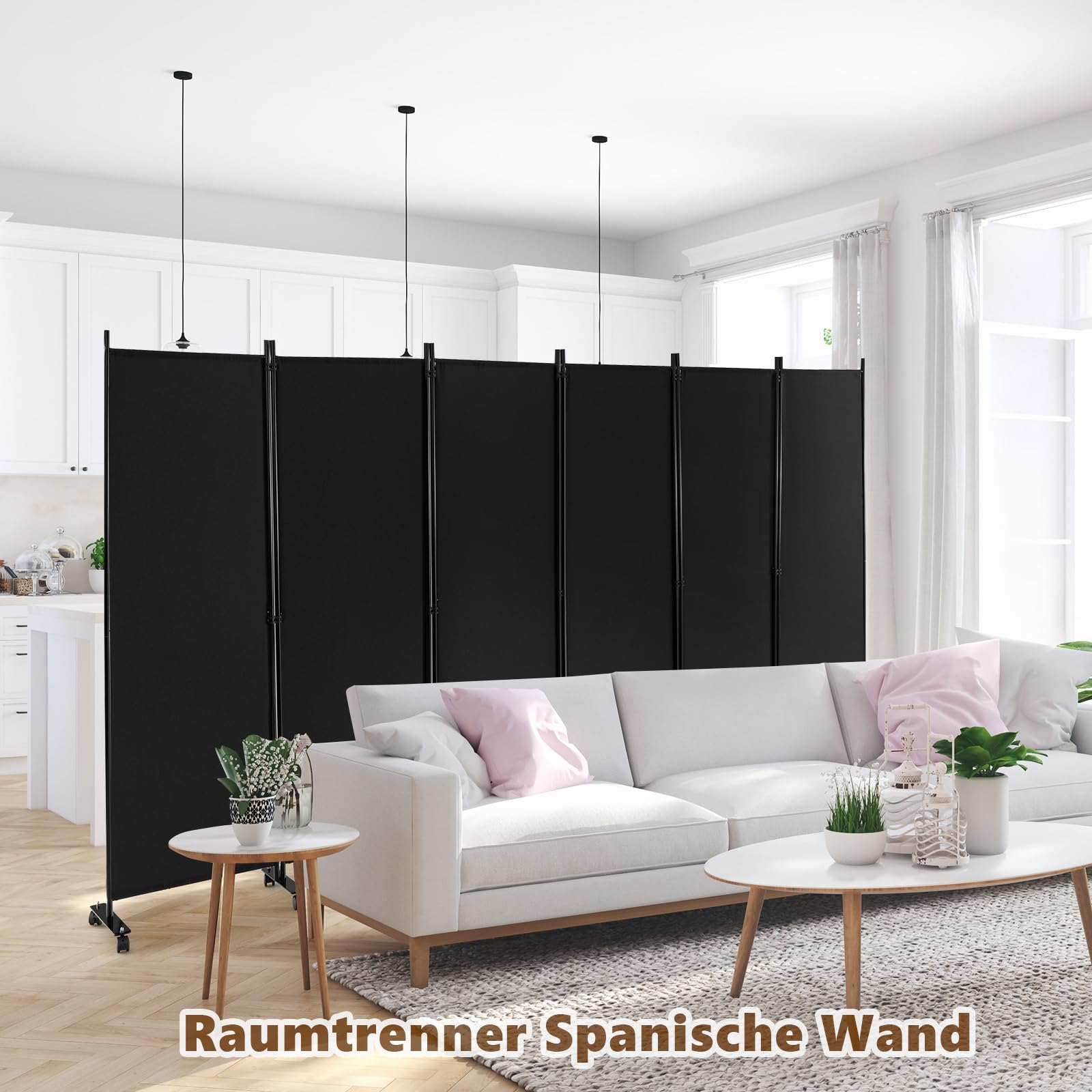 GIANTEX Paravent Raumteiler mit Rollen Raumtrenner Spanische Wand 6 Teilig | Trennwand Garten Balkon Terrasse 335x173 cm Umkleide Sichtschutz Klappbar Mobil Stellwand aus Stoff Innen & Außen Schwarz