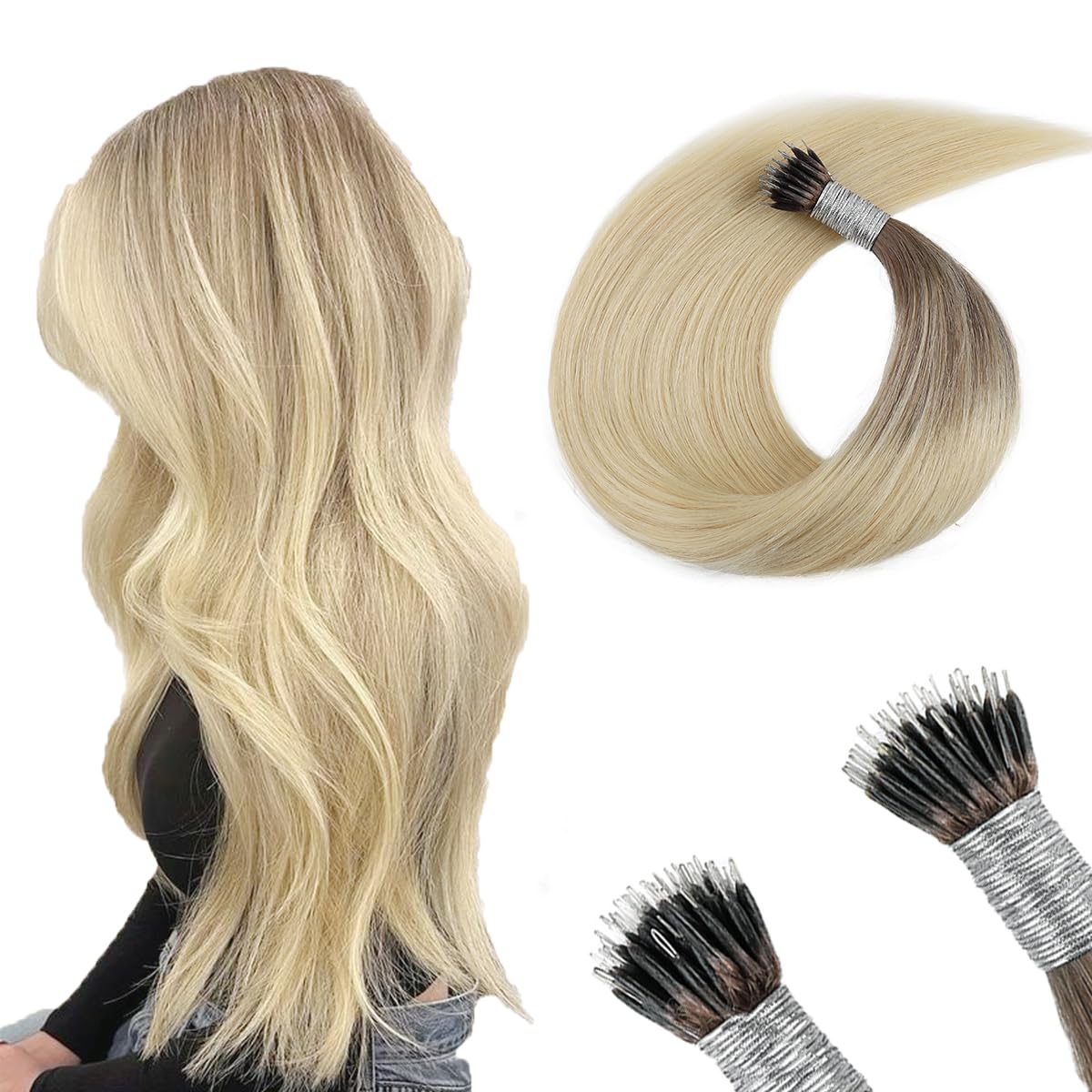 ABH AMAZINGBEAUTY HAIR Nano Bead Hair Extensions Human Hair Nano Ring Hair Extensions Pre Bonded Cold Fushion Nano Tip Hair Ombre Ash Brown to Blonde