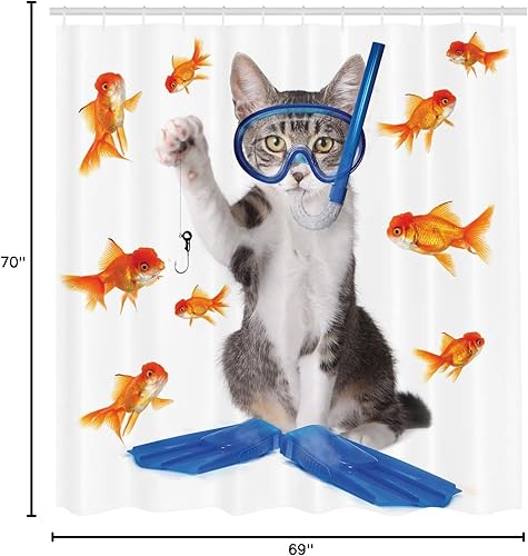 Miniatura 5 de Ambesonne Cortina de ducha de gato, giro moderno en el término, pesca curiosidad, arte humorístico, juego de decoración de baño de tela con ganchos,