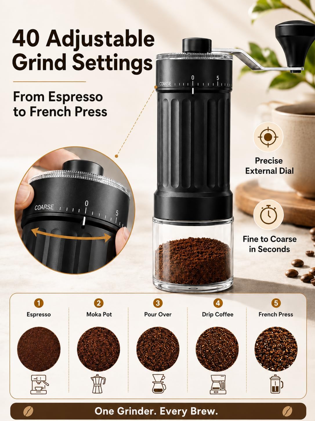 Manual Burr Coffee Grinder, Portable Hand Crank Grinder with Ceramic Burr, 40 Adjustable Settings for Espresso, V60, Pour Over, Camping & Travel