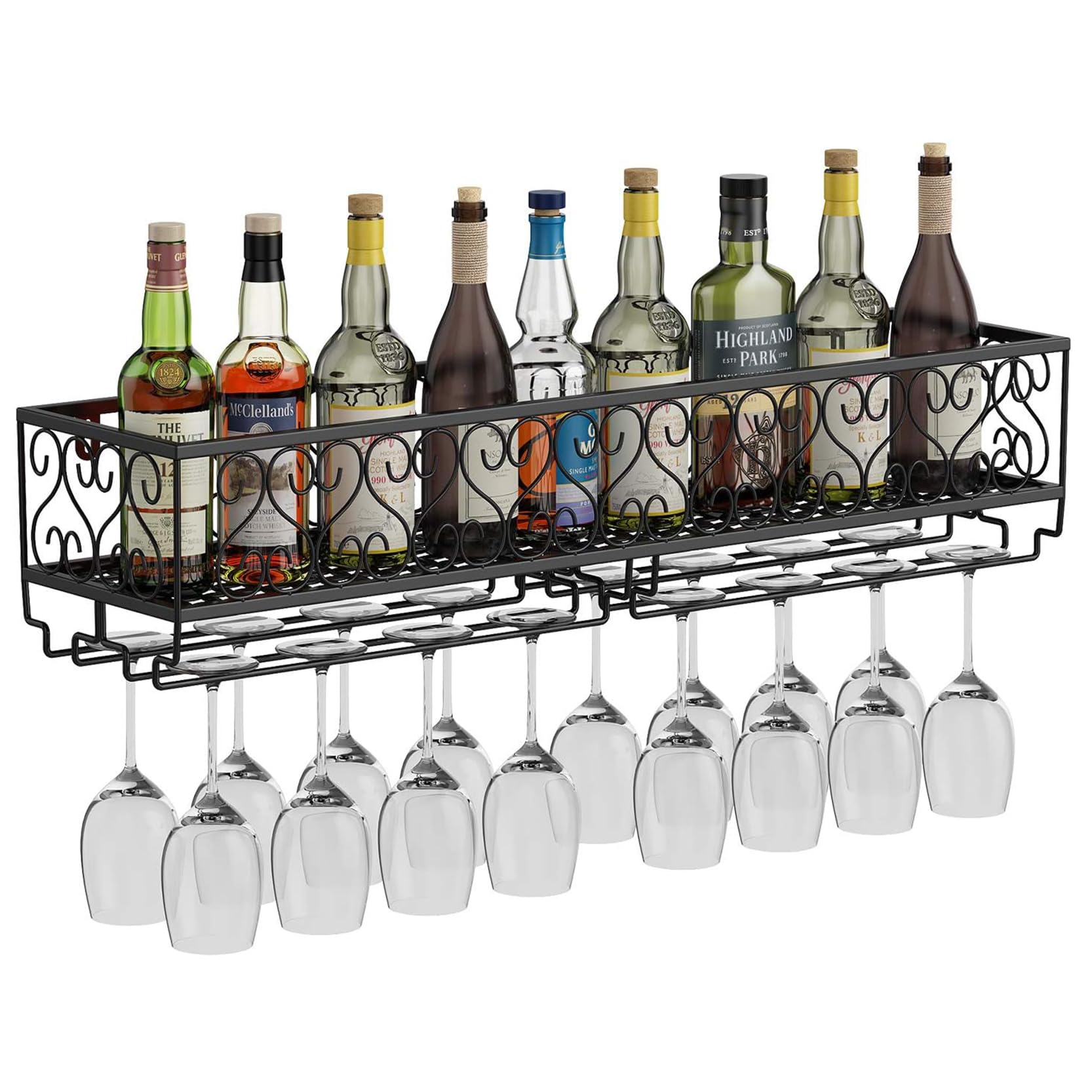 Étagère à vin murale avec porte-verres 50cm support bouteilles flottant en bois pour cuisine