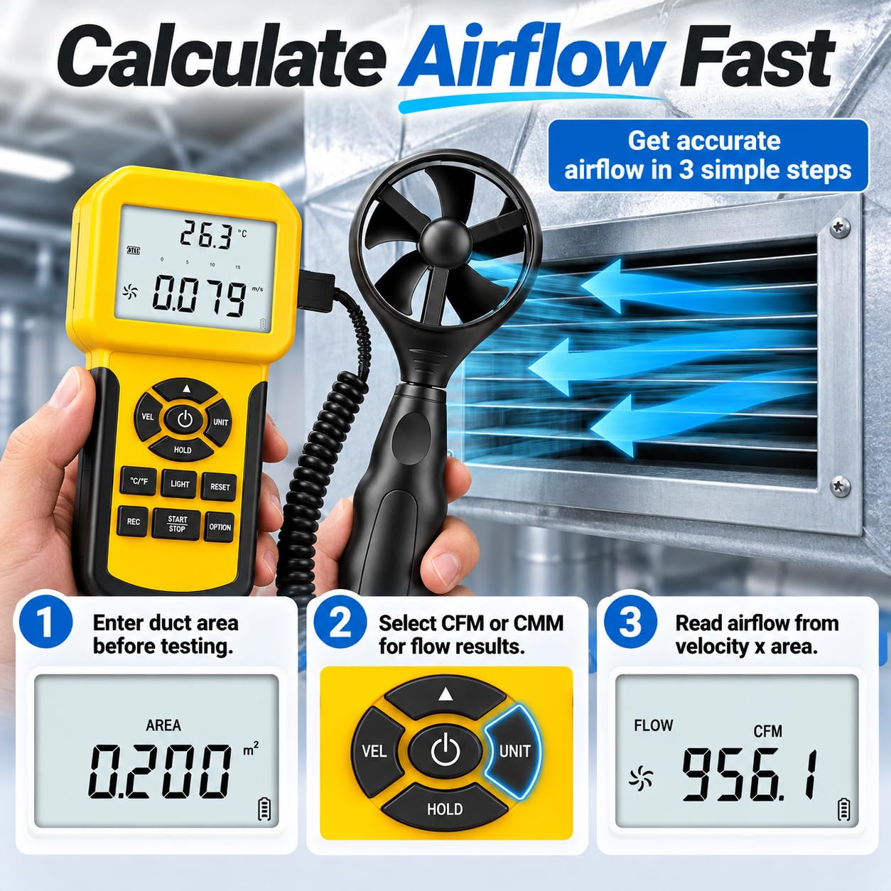 Anemómetro HVAC, rango de velocidad del viento 0,3-45 m/s, flujo de aire