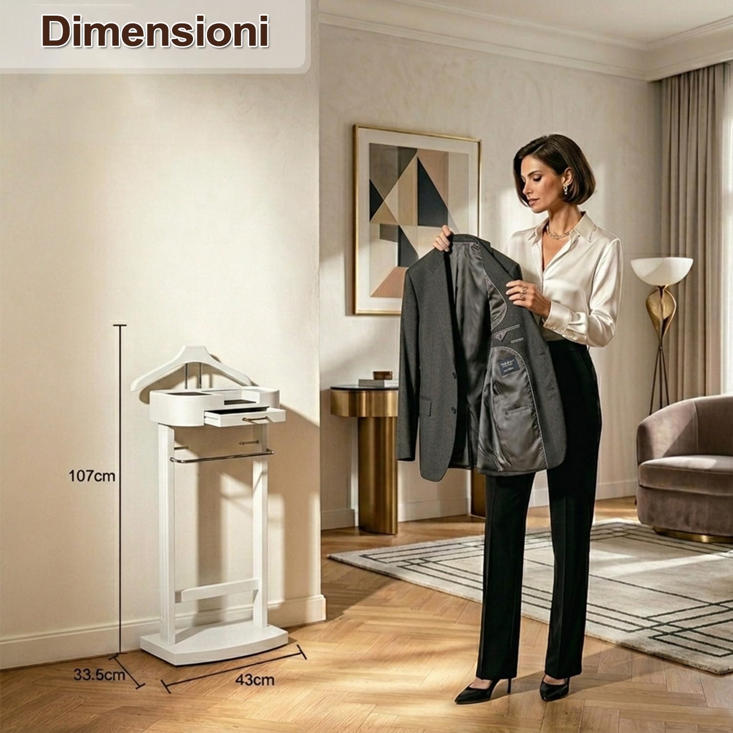 Servo Muto da Camera Moderno in Legno, Indossatore Appendiabiti，Bianco