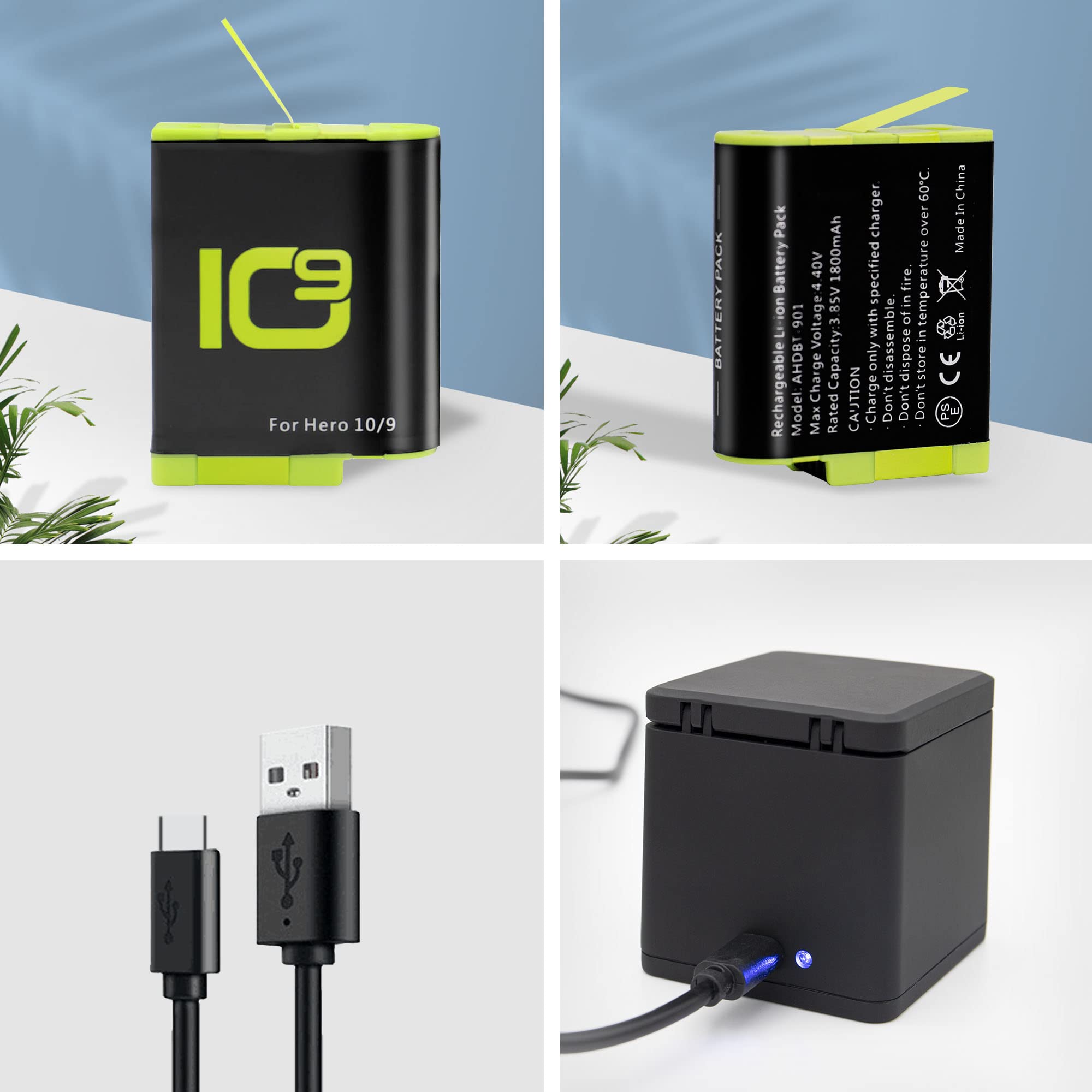 Zestaw ładowarki i baterii do GoPro 10 9 Akcesoria do kamer akcji Bateria 1800mAh Ładowarka ze wskaźnikiem Kompatybilna z oryginalną baterią