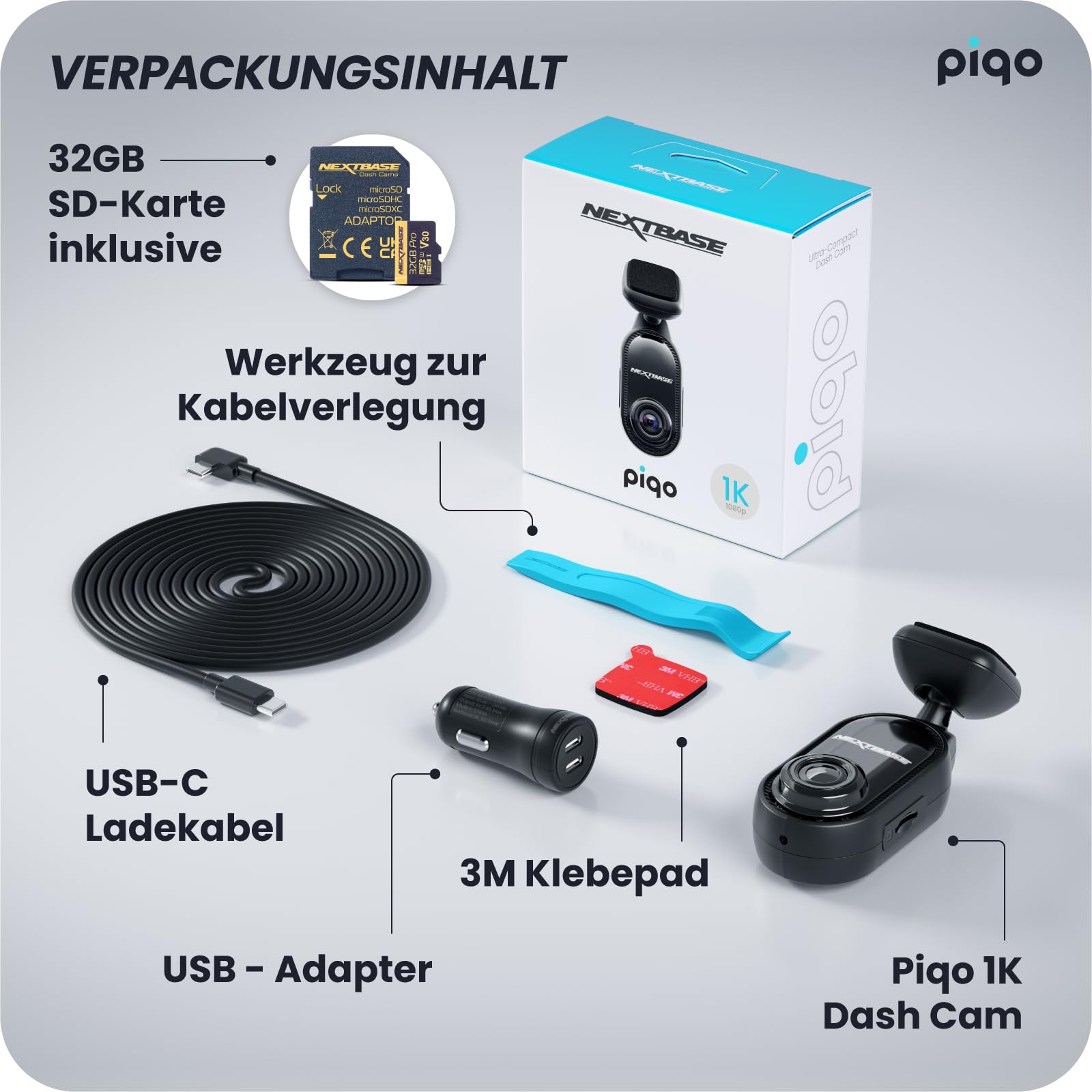 Nextbase Piqo - Cámara de salpicadero Full HD, 32 GB SD, sin pantalla, control de aplicaciones y grabación en bucle