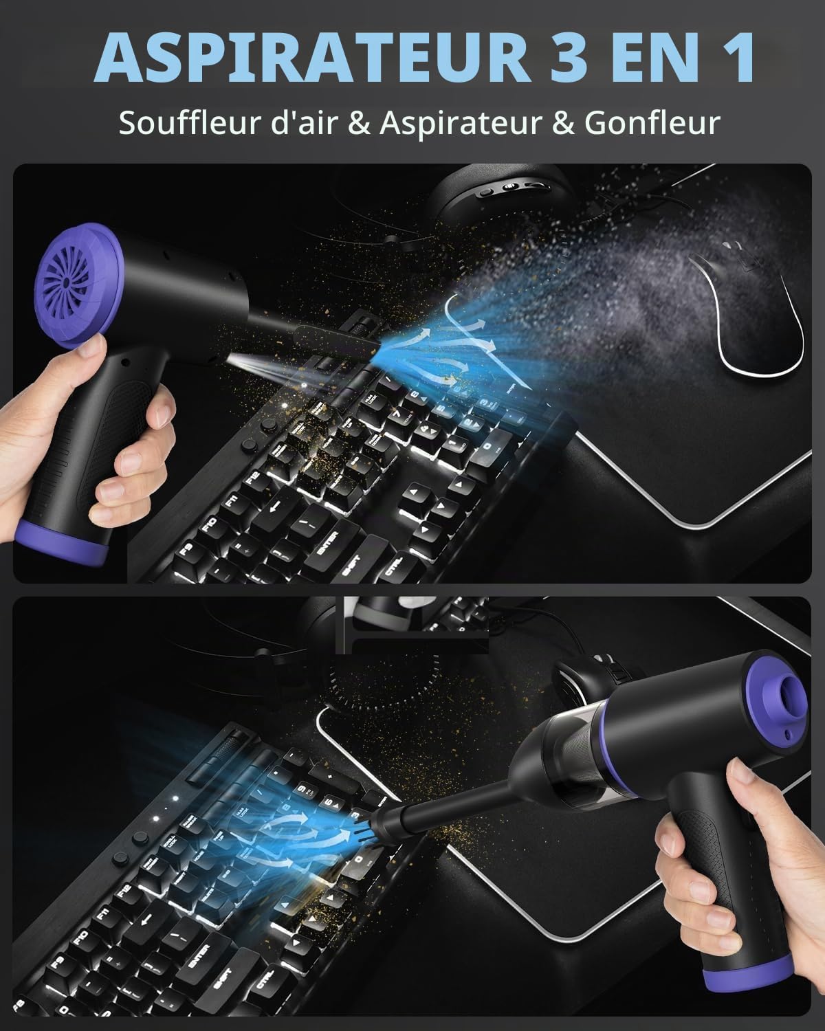 CLEVAST Souffleur Air Comprimé, 3 in 1 Dépoussiérant Puissants électrique 110000RPM, 3 Vitesses Air Comprimé Duster avec brosse de nettoyage, Nettoyeur à air comprimé pour clavier,voiture