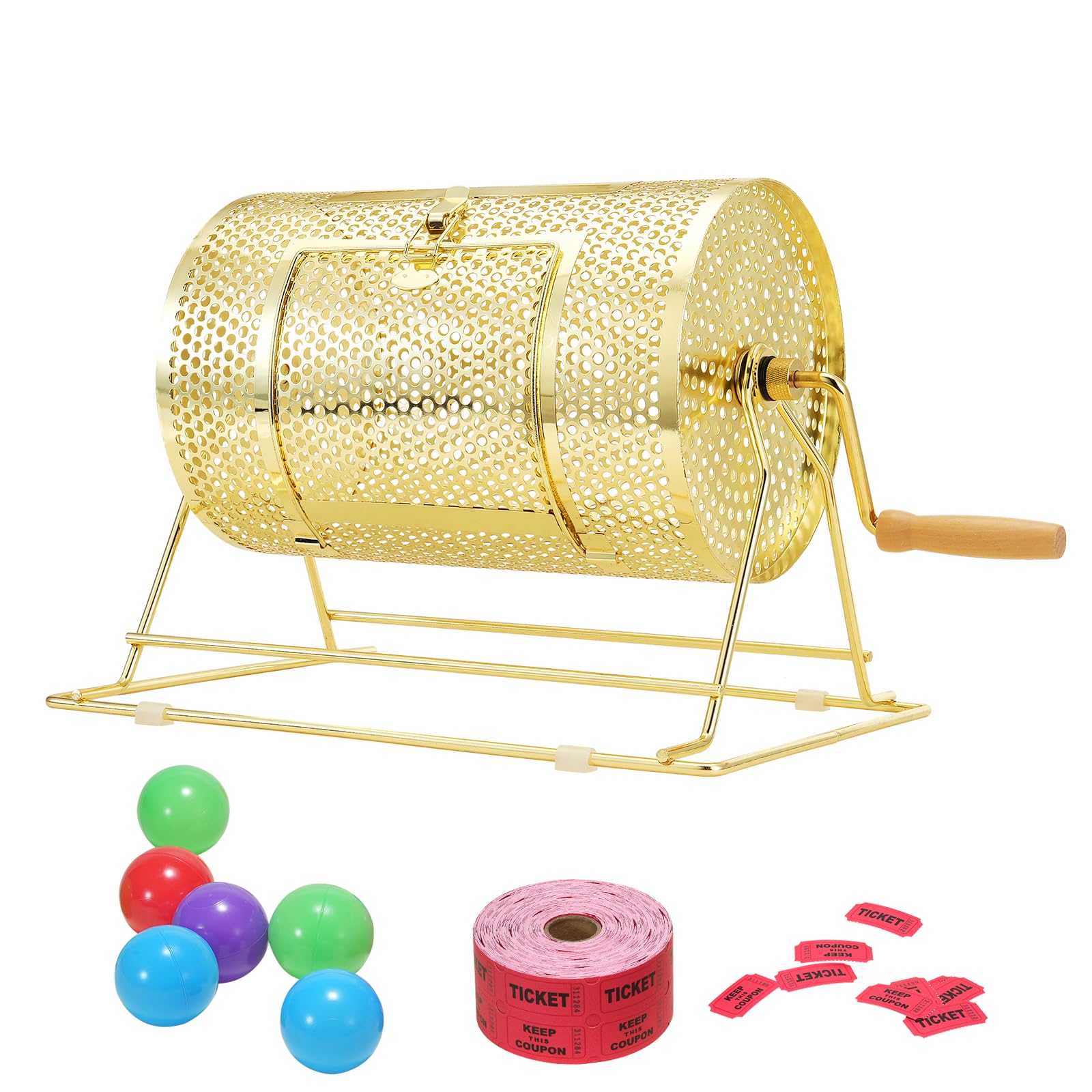 Happybuy Raffle Drum, Holds 2500 Tickets or 100 Ping Pong Balls, Metal Lottery Spinning Cage with Wooden Handle, 11.6 x Ø7.48 inch, Brass Plated, for Bingo & Ballot Drawings