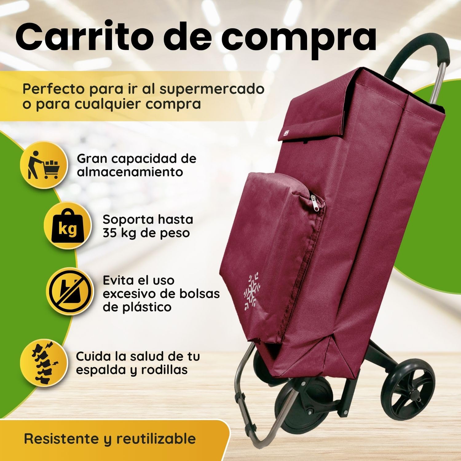 Carro de la Compra 50L con Compartimento Refrigerante y Gancho, 4+2 Ruedas Ideal Supermercado Granate