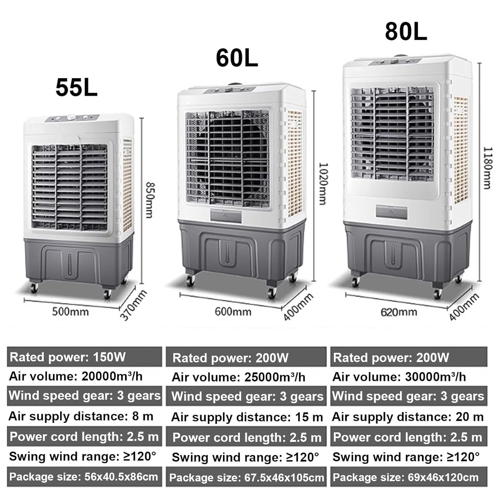 Raffrescatore Evaporativo Industriale con 4 Ruote Universali, Oscillazione a 120°, 3 Velocità, per Casa, Garage e Terrazze All'aperto(50x37x85cm)