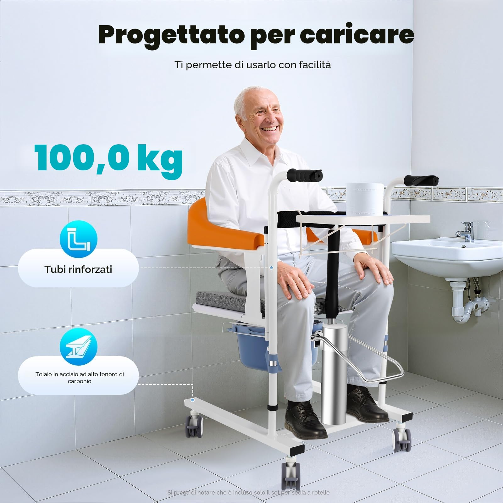 Sedia di trasferimento idraulica per pazienti - Regolabile in altezza con piano del tavolo - Rulette bloccabili e sedile diviso a 180° - Sedia da doccia per anziani e disabili