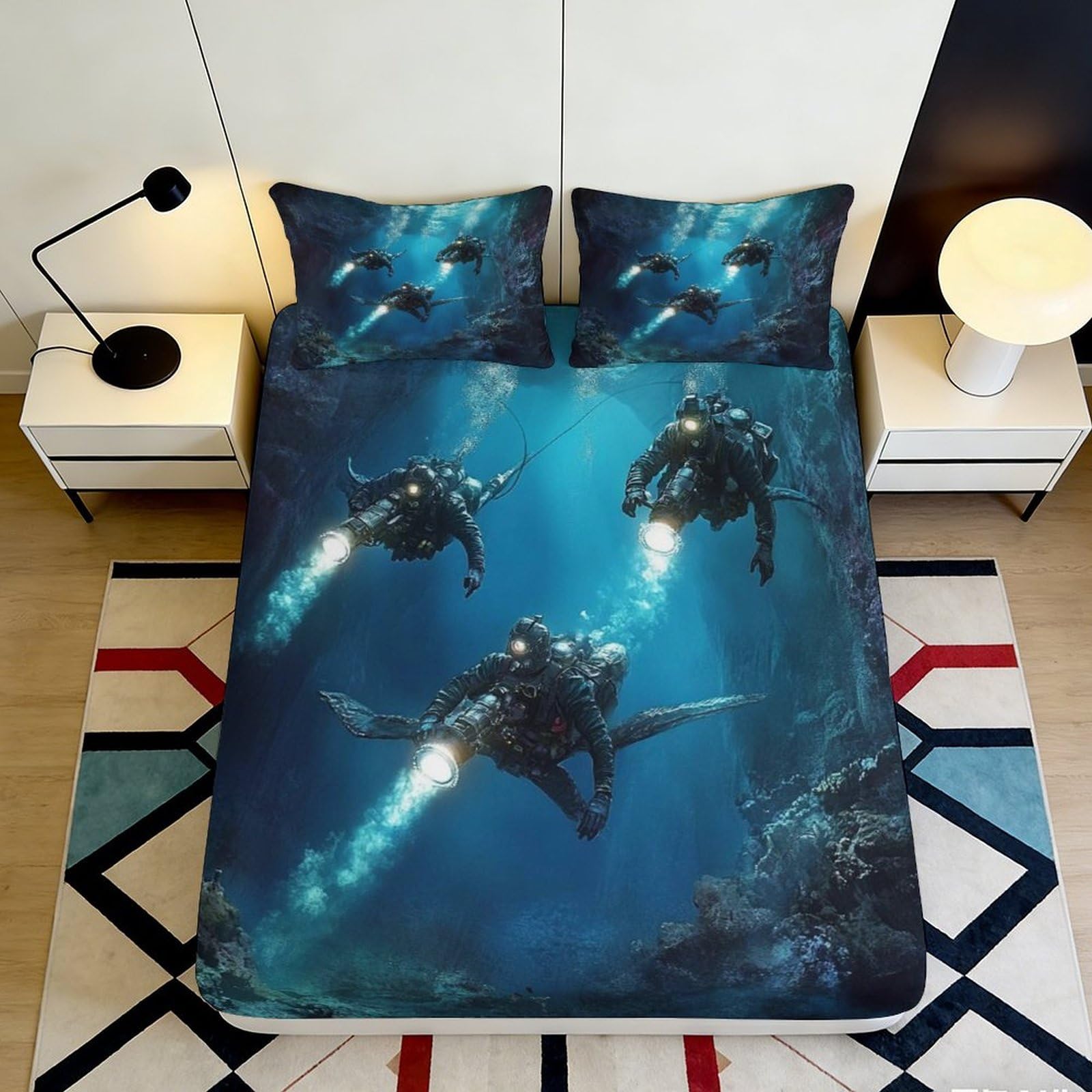 Pnayamiorkfel Style-9 3D Printed Underwater Diver Fitted Sheet Microfiber Artistic Ocean Explorer Bed Cover For Bedroom Dorm Decor 90X200x25cm