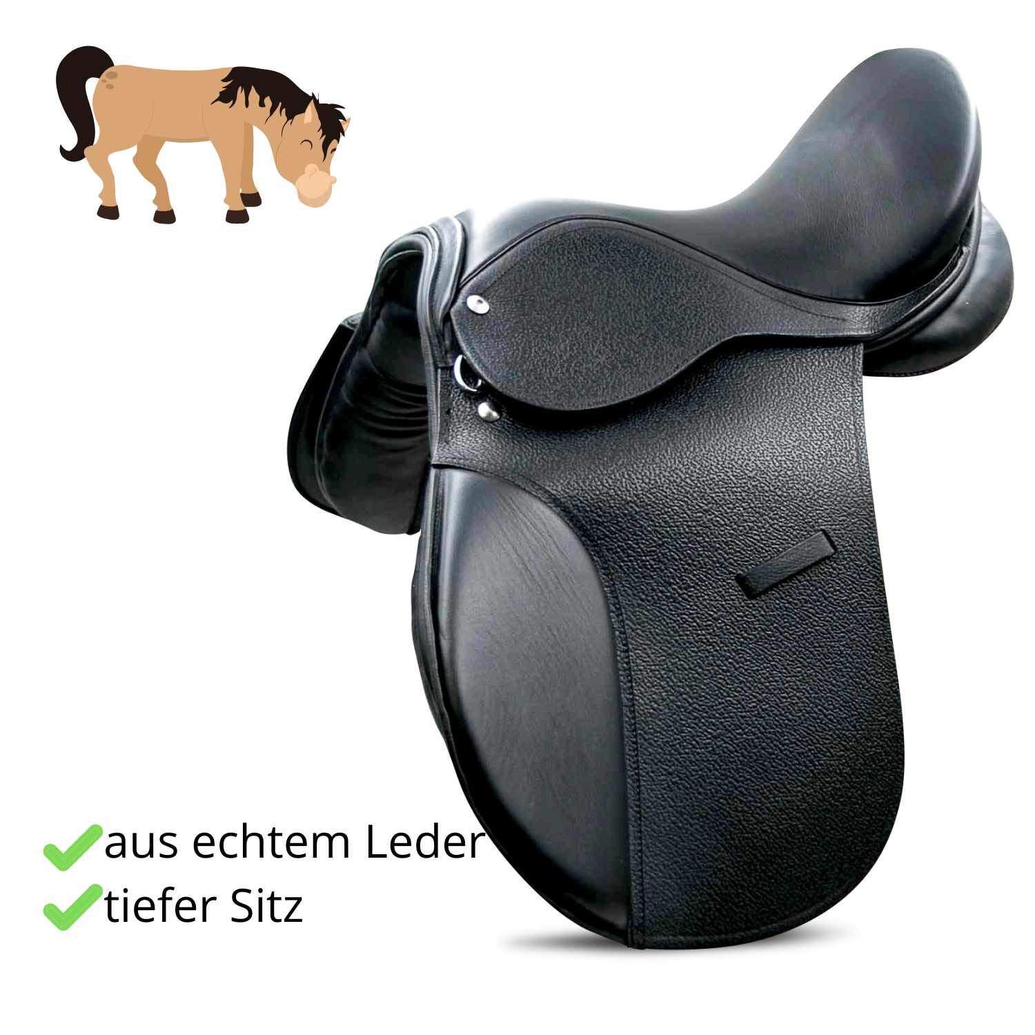 AMKA Sattel für Pony aus Leder schwarz Weite Kammer