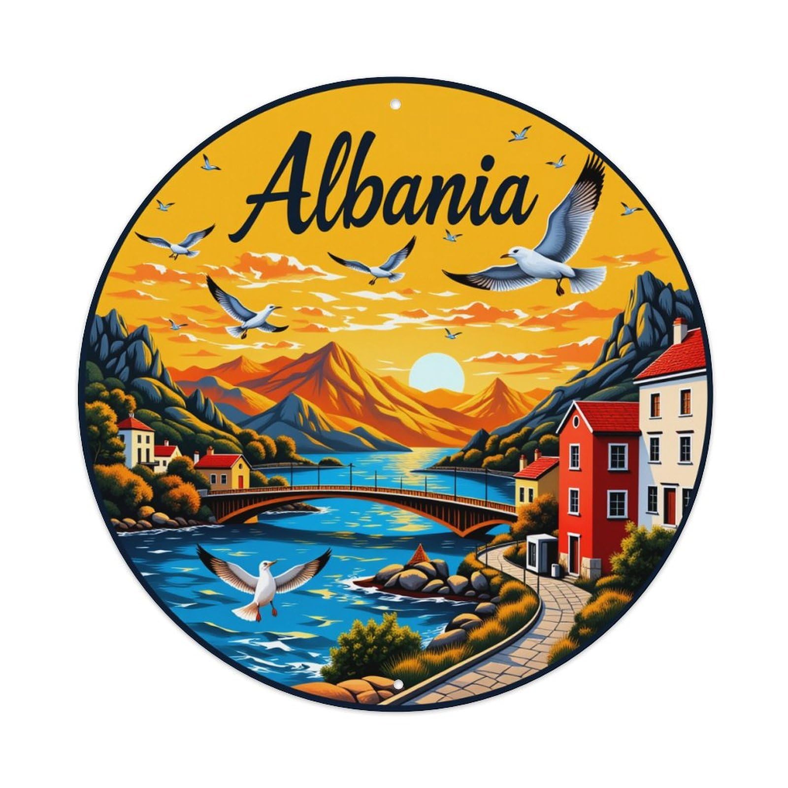 Albania Landscape Mountains River Birds Vintage Metal Tin Sign Retro Wall Decor for Home Bar Garage Cafe, Indoor & Outdoor Decorative，circle Metal Poster, 8x8 Inch