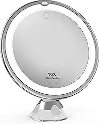 Venigo Espelho de maquiagem atualizado 10x com controle de toque, ventosa de bloqueio potente e rotação de 360 graus, espelho de aumento com luzes para casa, banheiro e viagens