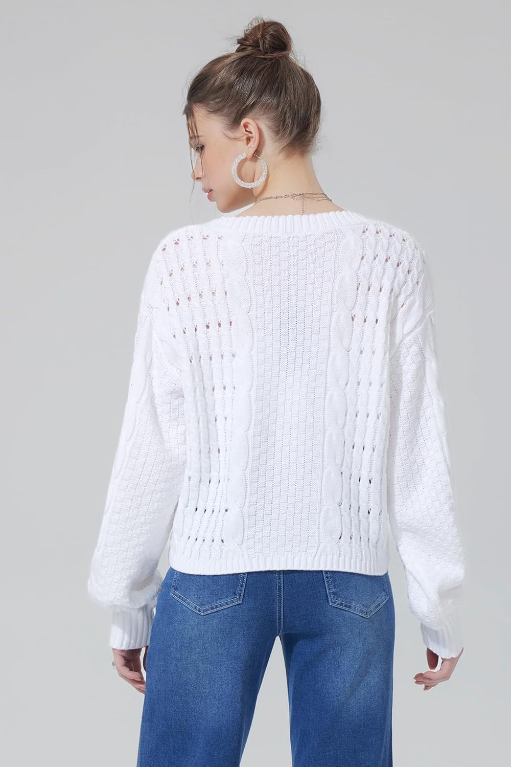 FASHIONSPARK Womens Cropped Cardigan Sweater V Neck Button Long Sleeve Lightweight Cable Knit Loose Fit Spring - Image 4