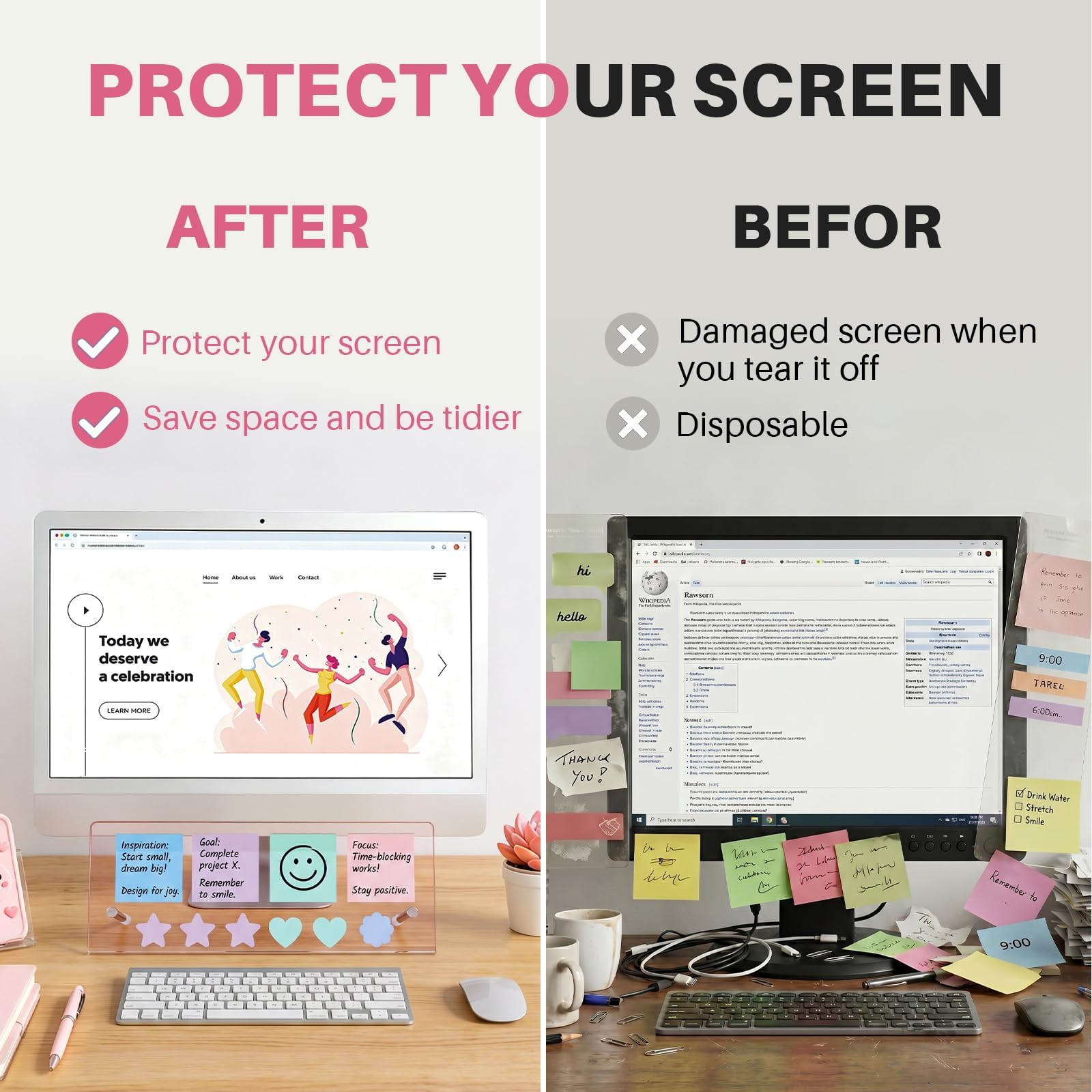 Monitor Memo Board Holder 14"x5"-Pink, Office Organization for Computer Sticky Note Holder, Space-Saving Under Monitor, Movable & Reusable, Cute Desk Accessories for Office & Home Desktop Decor view 4
