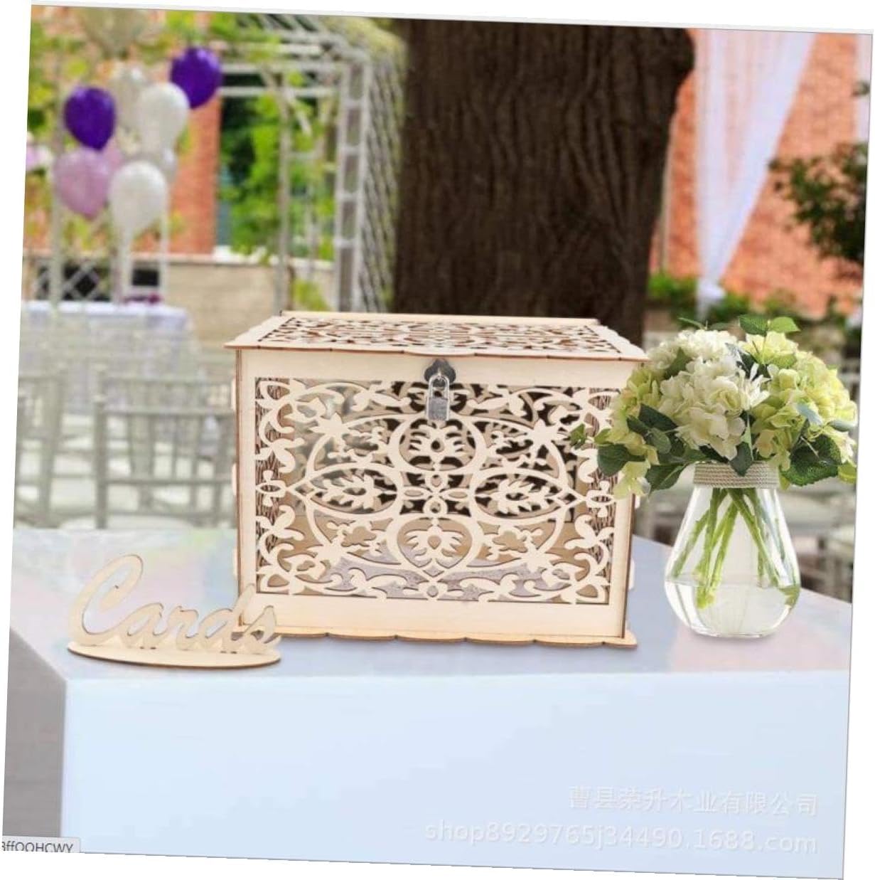 Wooden Wedding Card Box Large with Slot Decorative Hollow Design for Reception and Party Envelopes Money Storage