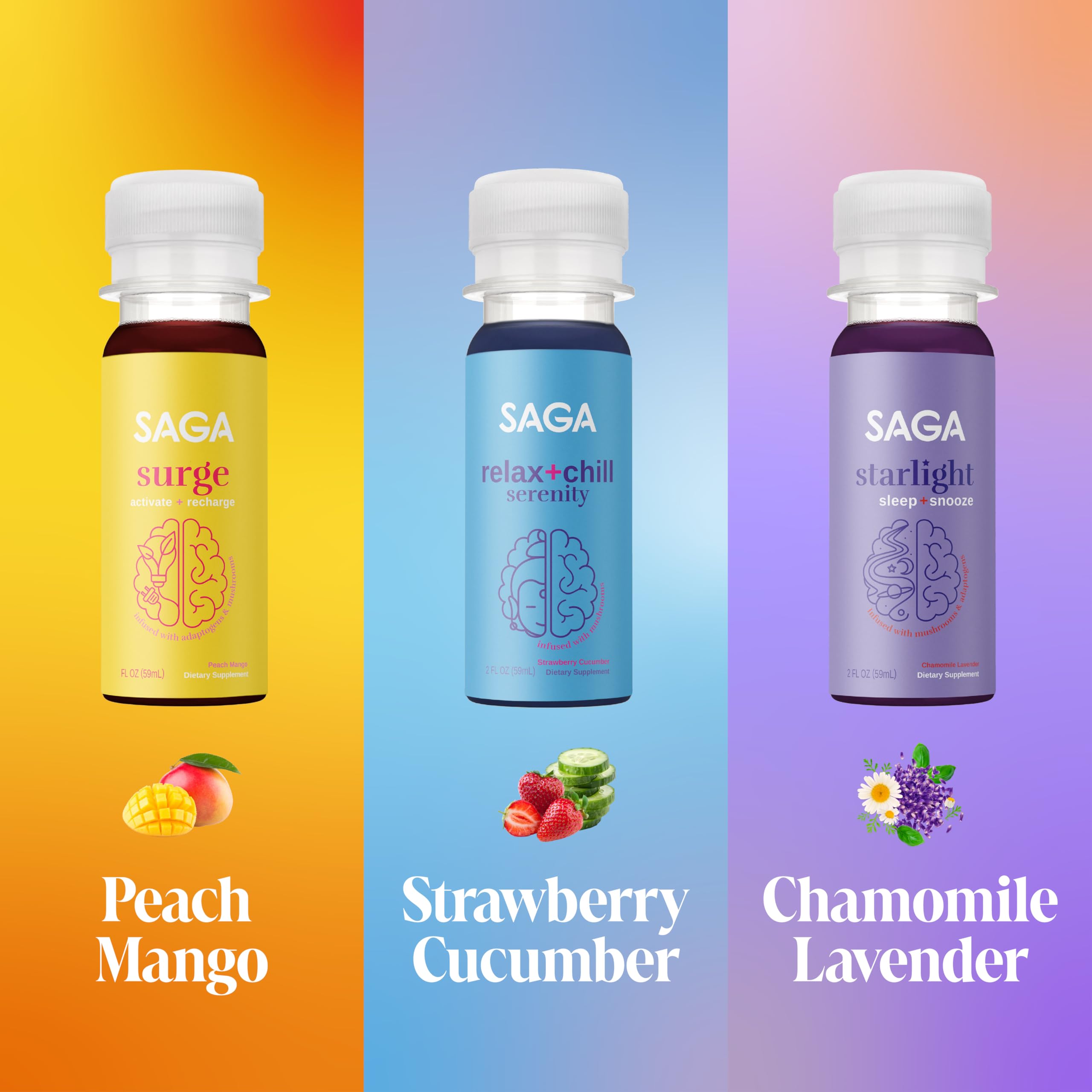SAGA Functional Shot Variety Pack | Organic Nootropic Drink with Mushrooms, Yerba Mate, CoQ10, Kava, & Valerian Root, Alpha GPC, Melatonin | Energy, Relaxation, Sleep | 2oz Plant-Based Shots (6-Pack) — Amazon image 5