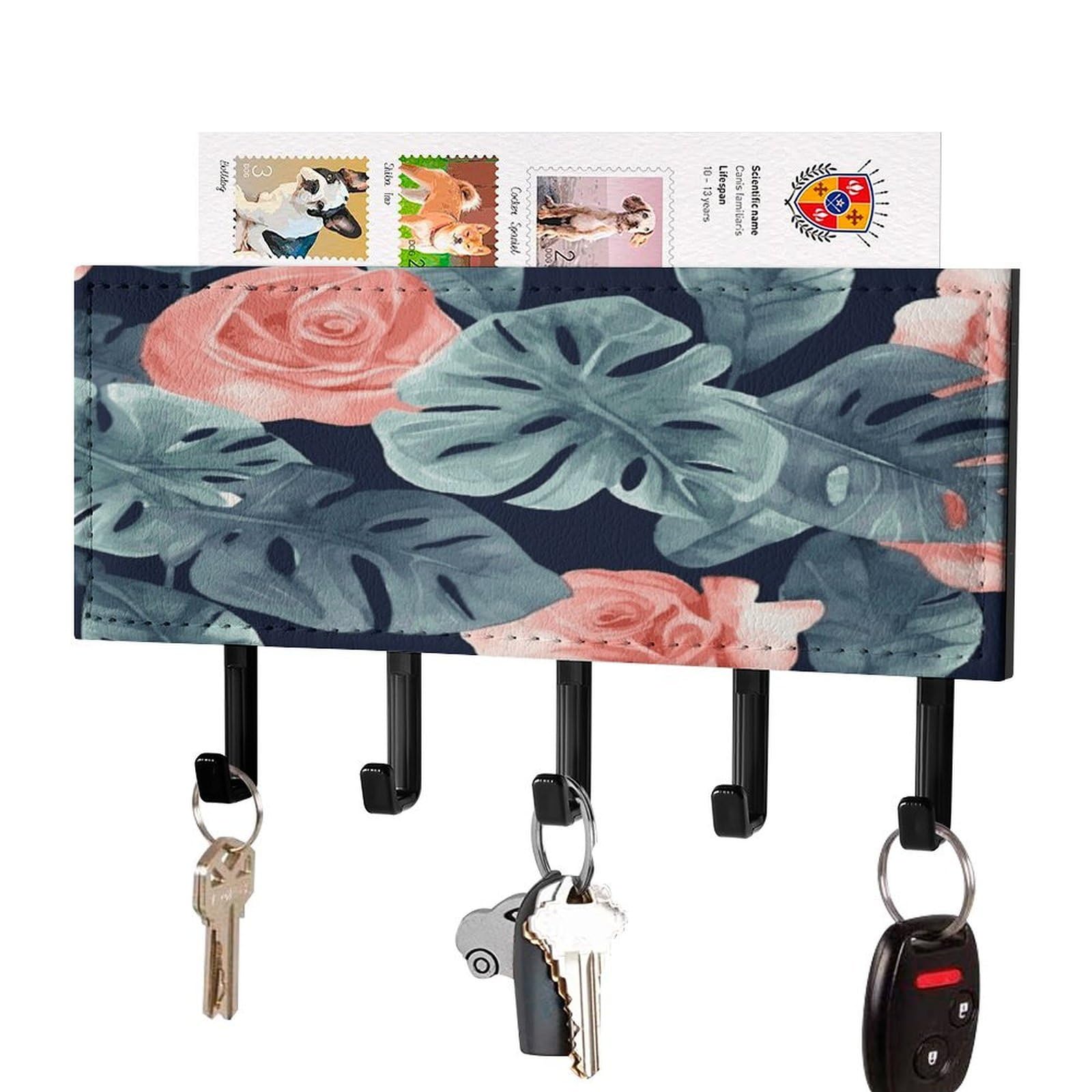 MUSM Watercolor Monstera Pattern Key Holder for Wall,Mail Organizer Wall Mount with 5 Hooks,Easy Installation Key Rack for Home Decor, Hallway, Entryway, Appartment