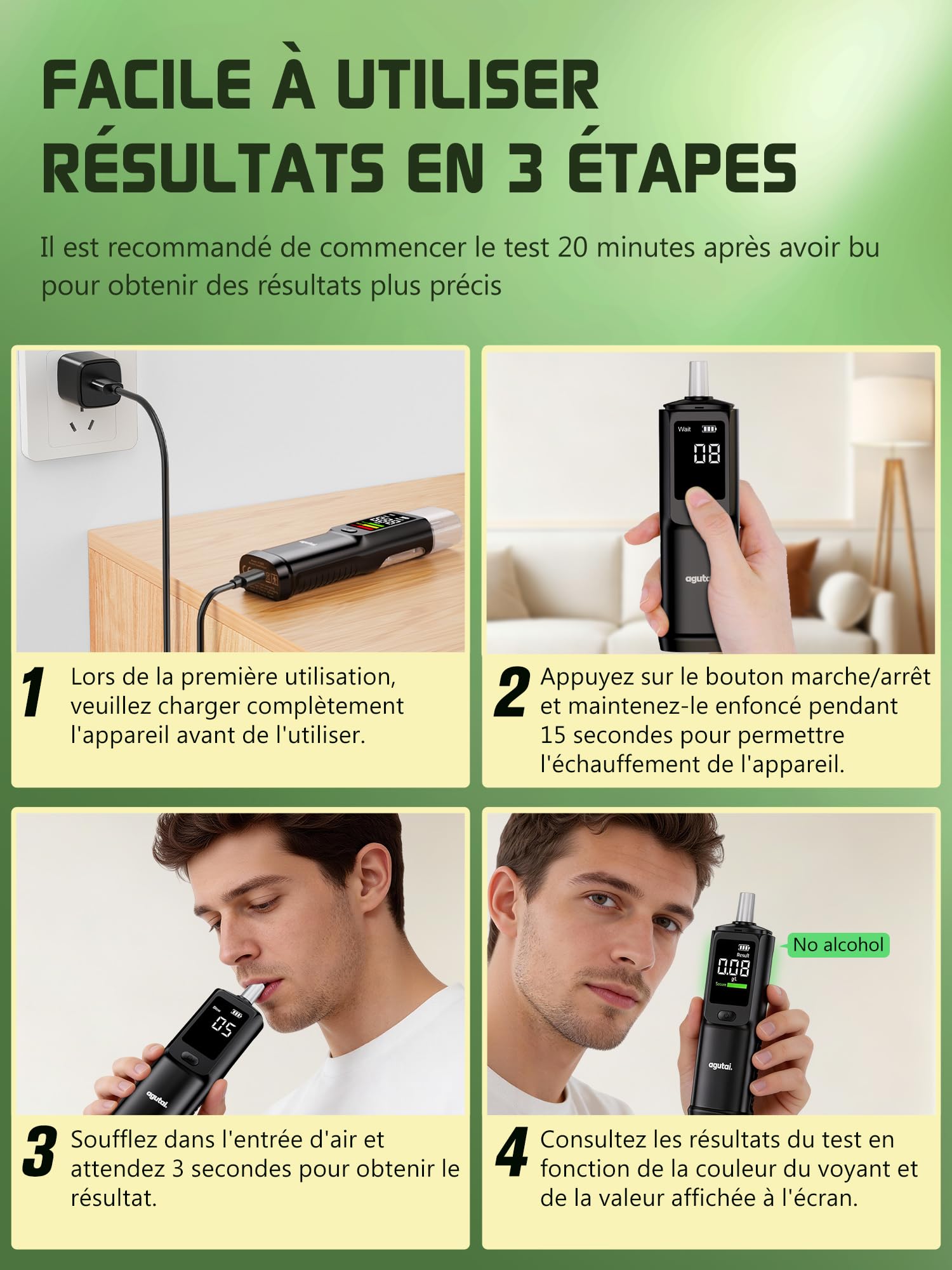 Ethylotest Electronique Homologué Alcootest Ethylometre : Professionnel Etiloteste Rechargeable Éthylomètre Haute Précision avec Affichage Numérique LCD - Portable Testeur d'alcool 10 Embouchures Noir