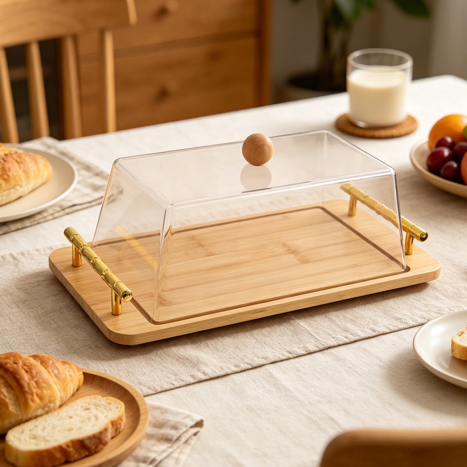 OUNONA Soporte para pasteles con tapa abovedada - Soporte para pasteles de bambú con tapa de acrílico irrompible, expositor de postres y tabla para servir cupcakes, quesos y frutas 40 x 22 cm