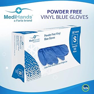 Farla MediHands Blue Small Vinyl Gloves - Box of 100 Disposable Vinyl Medical Glove - Powder, Latex, & Protein Free Glove - Multi-Purpose, Single Use Surgical Gloves