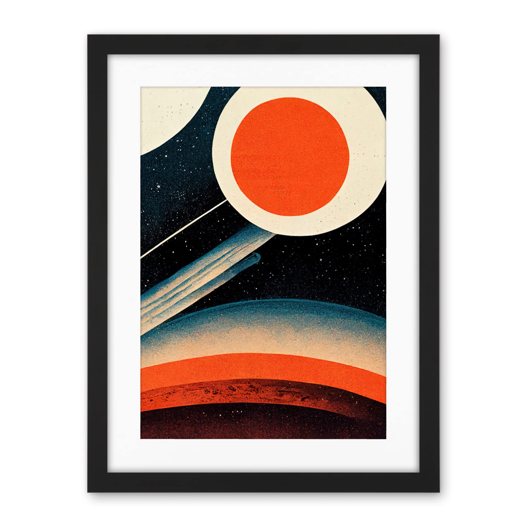 Wee Blue Coo Retro Boho Space Starscape Abstract Mid Century Style Navy Teal Orange Cream Artwork Framed Wall Art Print 18X24 Inch