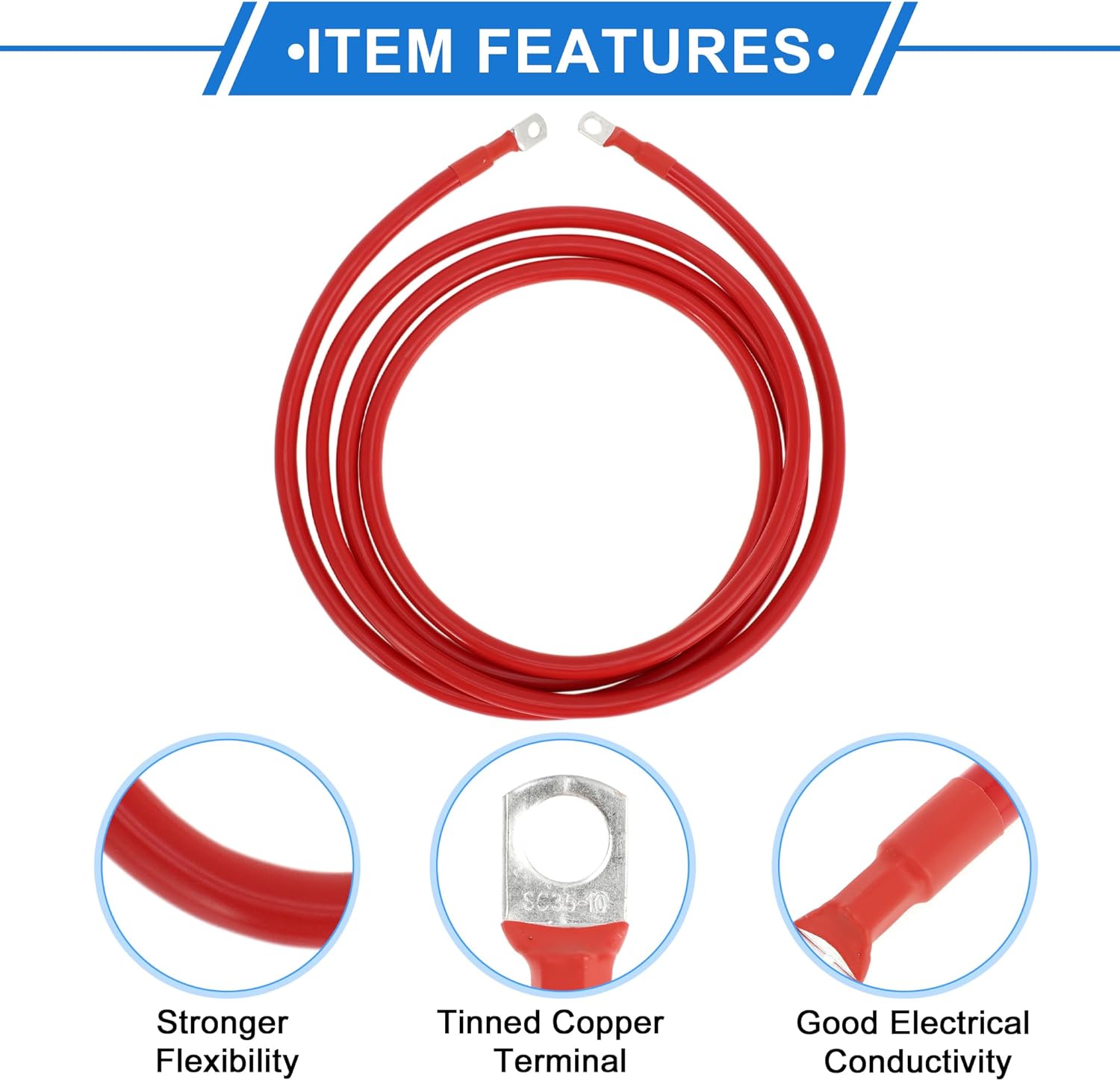 1 Pc Battery Inverter Cable 2 AWG Gauge 10FT 3/8" Lug 5/16" Lug Battery Cable Universal for Car Vehicle Boat RV Solar Tinned Copper Red