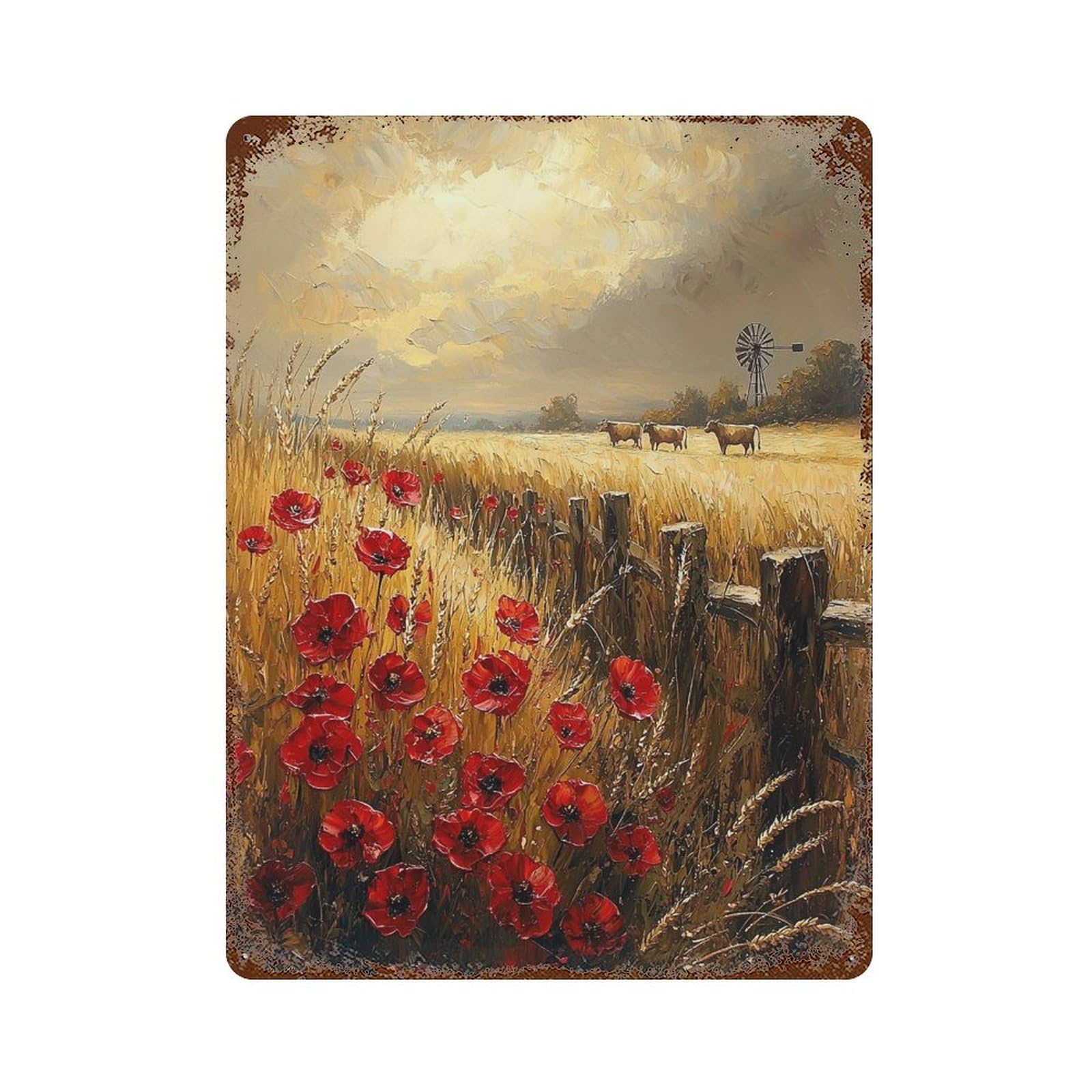 Garage Style Rustic Field with Poppies Decorative Tin Sign 15.7"x11.8", Industrial Home Decor for Bar And Workshop