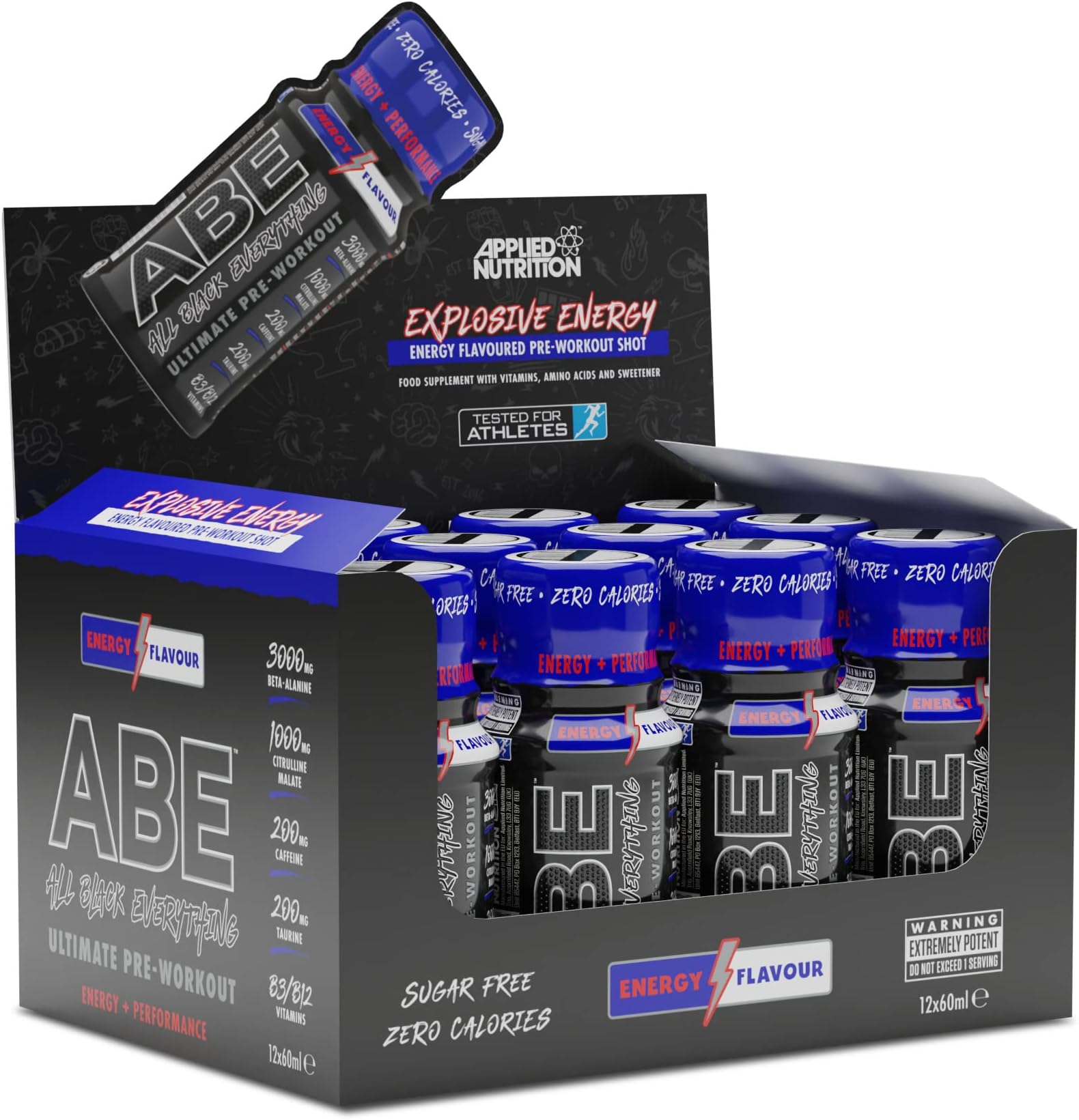Applied Nutrition ABE Pre Workout Shot - All Black Everything Pre Workout Energy Shots, Physical Performance with Citrulline, Beta Alanine, Caffeine (Box 12 Units x 60ml) (Energy Flavour)