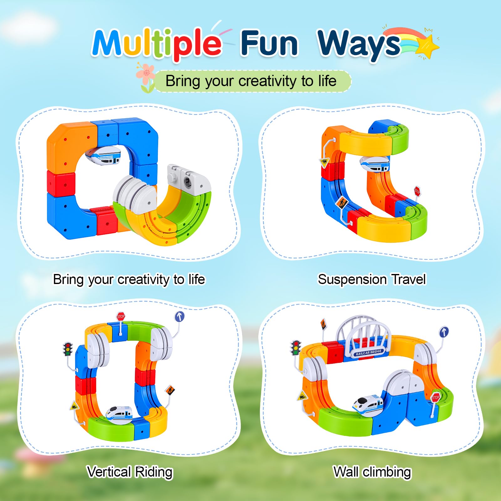 Tren Eléctrico Niños 82 Piezas con 1 Tren – Pista 3D Antigravedad klick-Rail, Bloques de Construcción DIY Cube Track, Juguete Educativo Stem para Niños de 4 a 8 Años