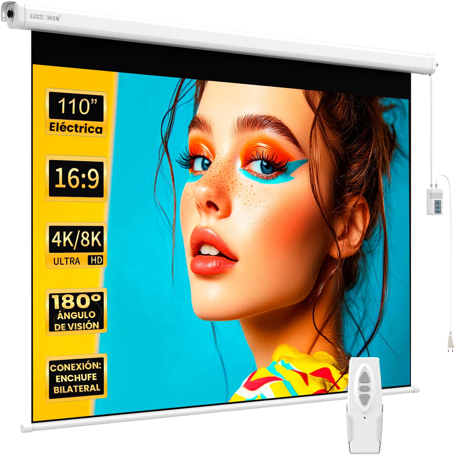Pantalla de Proyector Eléctrica 110 Pulgadas 16:9 Luxscreen, Área Visible Blanca 243 x 137cm, Requiere un Espacio de instalación de 272cm, Instalación a Pared ó Techo, con Mando