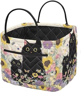 Black Cat Laundry Hamper Storage Bin for Clothes Toys Wildflower Quilted Laundry Basket with Handles