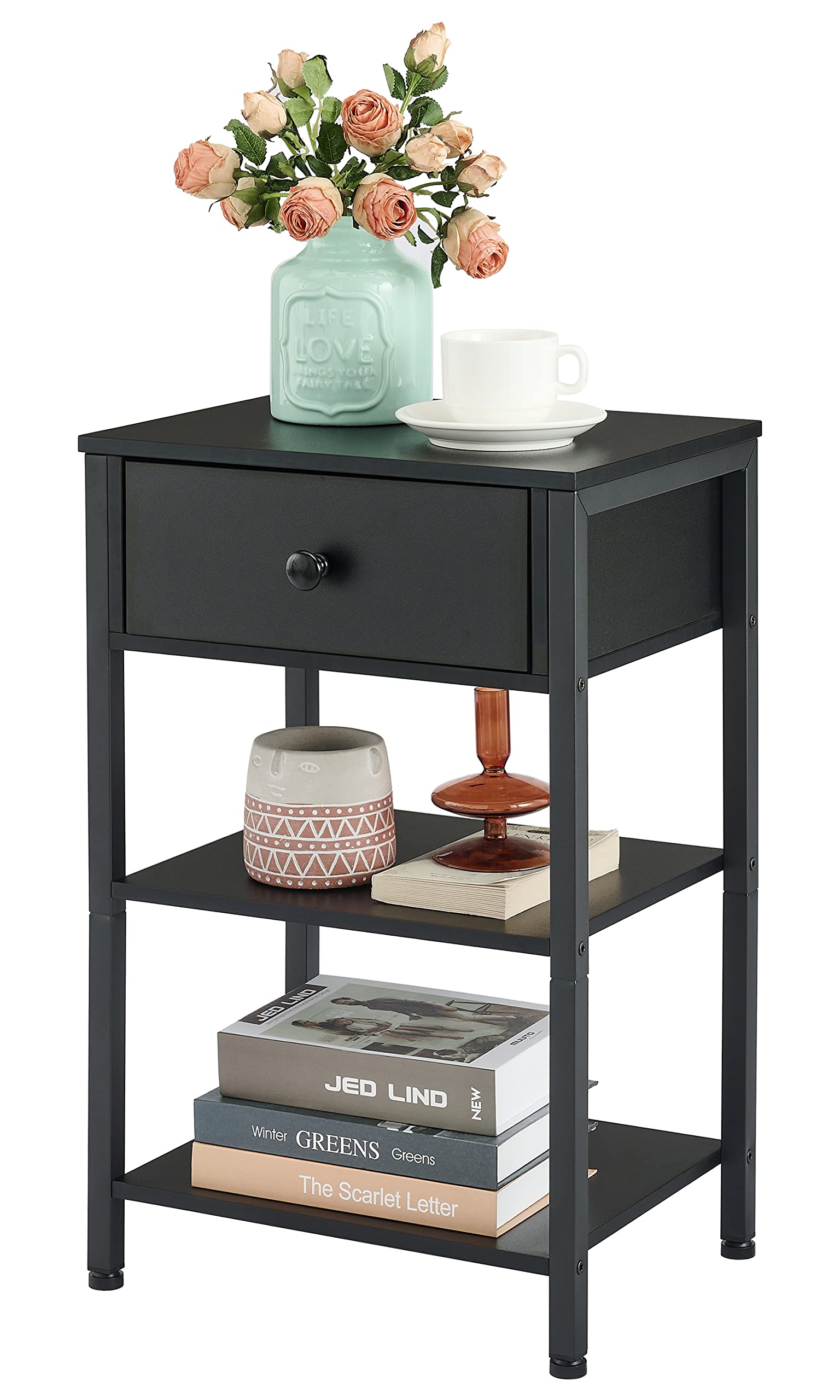 Hoctieon Nightstand, Nightstand with Drawer, Small Bedside Table, End Table with Drawer, Small Nightstand, Industrial Nightstand, Easy Assenbly, for Bedroom, Living Room, Office, Wood, Black